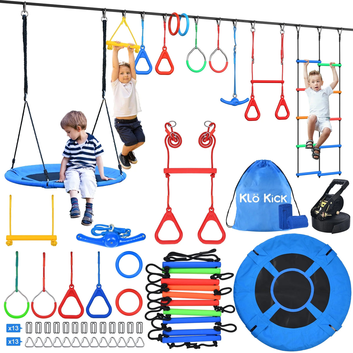 KloKick 65ft Ninja Warrior Obstacle Course for Kids – Outdoor Backyard Set with Swing, Ninja Rope, 11 Obstacles, Slackline, Jungle Gym for Tree Installation
