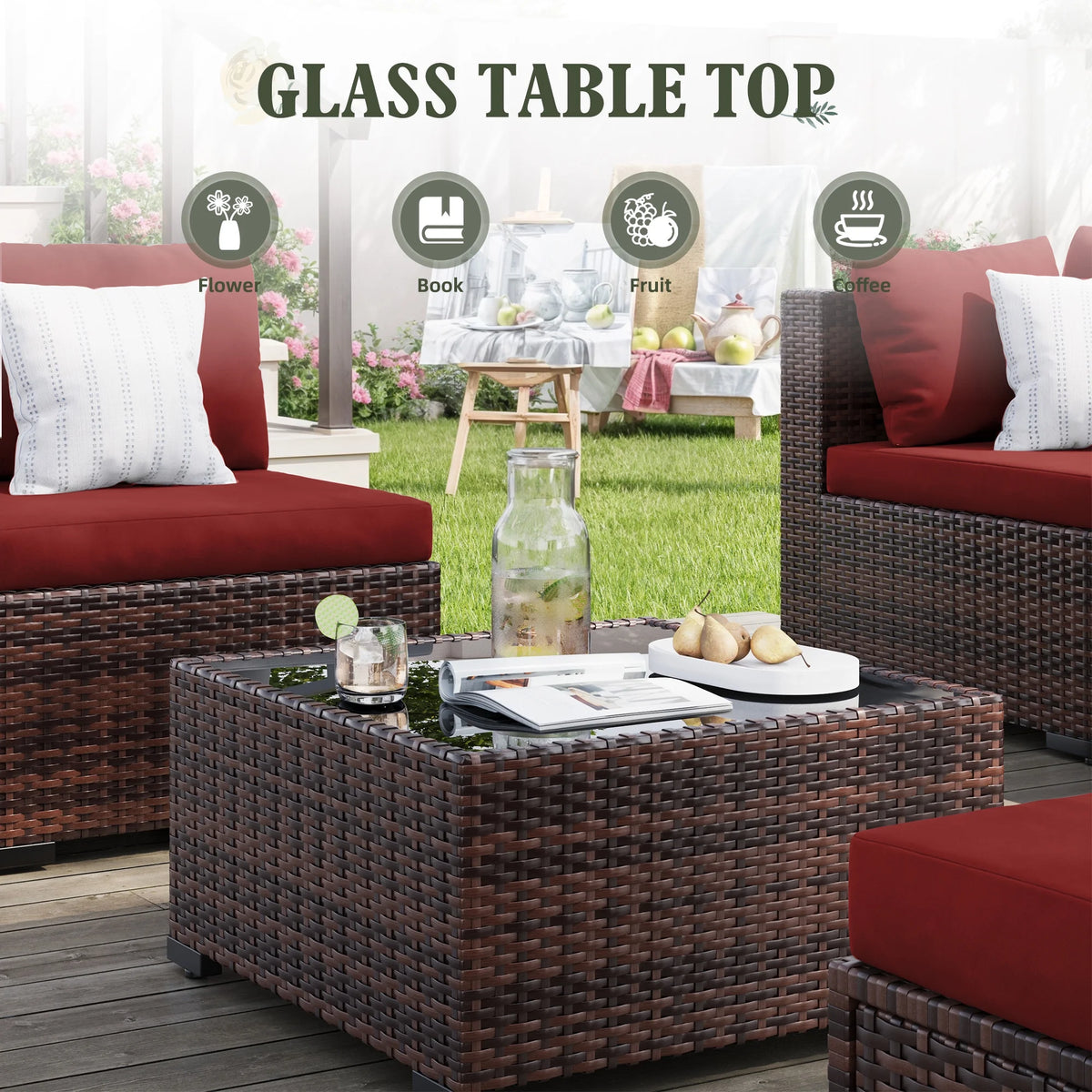 MRUAKA 8 Pieces Patio Furniture Set with Fire Pit Table, Outdoor Furniture Sectional Rattan Sofa with Slanted Back, Patio Couch with Glass Coffee Table for Backyard Garden (Dark Grey)