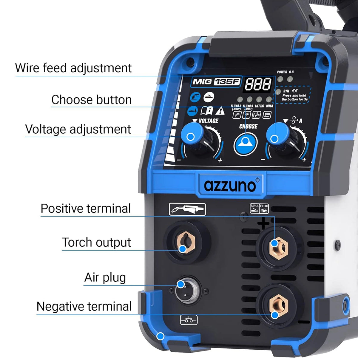 AZZUNO 135A MIG Welder 110V Flux MIG/Lift TIG/Stick 3 in1 IGBT Welding Machine
