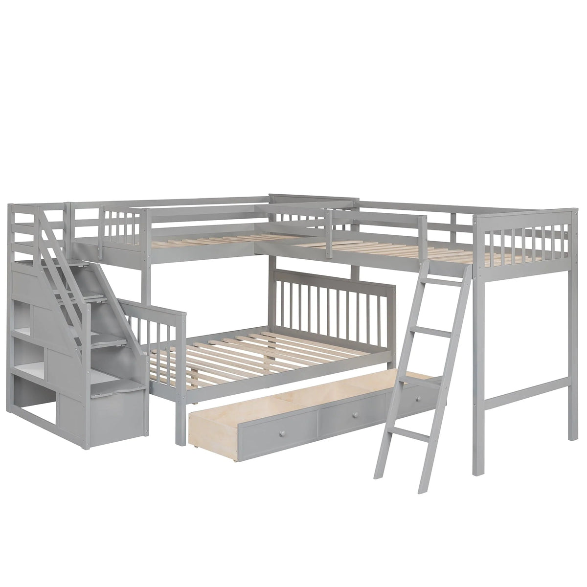 L-Shaped Triple Bunk Bed for 3, Twin Over Full Bunk Bed with 3 Drawers and Storage Staircase Solid Wood Bunk Bed Frame with Full-Length Guardrails and Ladder for Girls Boys No Box Spring Needed, Gray
