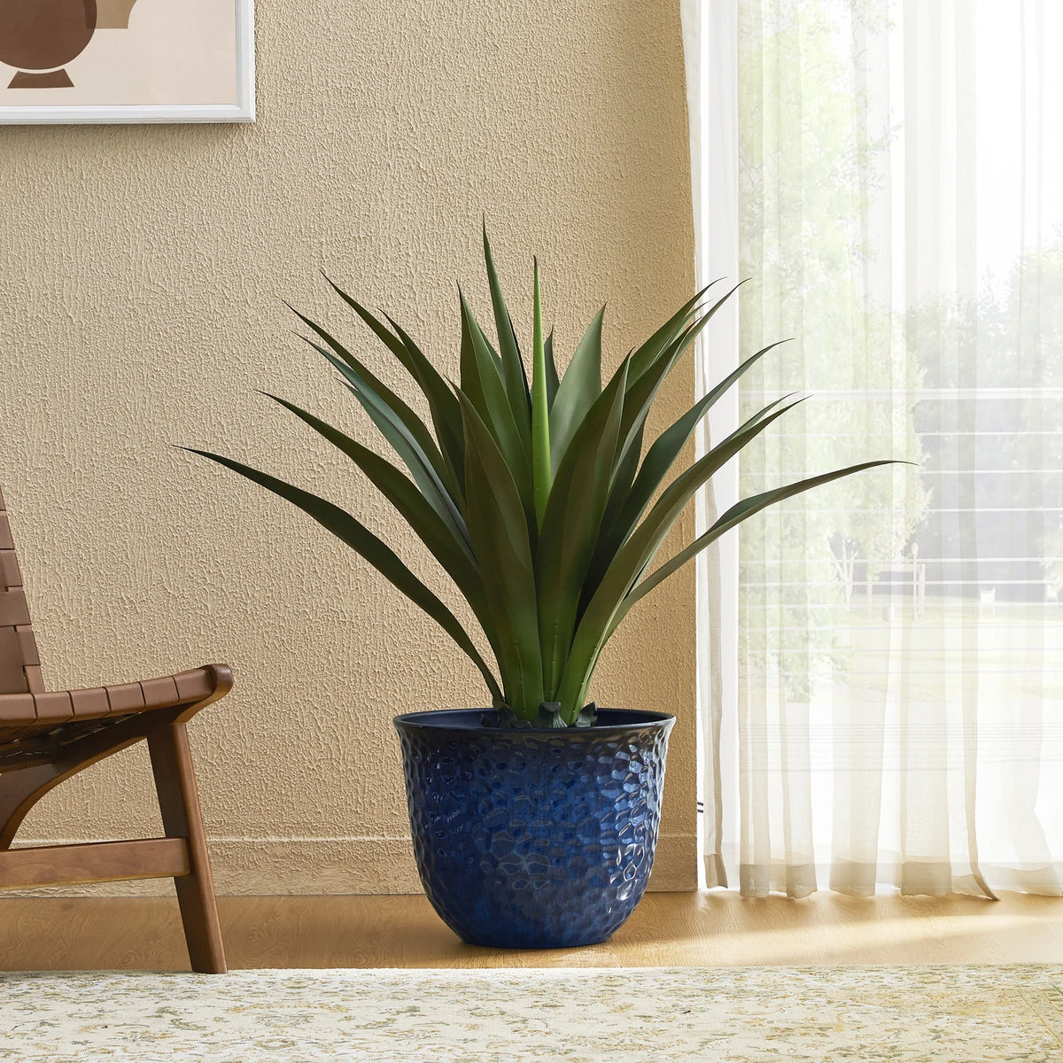 Glitzhome 15.25"D Set of 2 Honeycomb Textured Cobalt Blue Faux Ceramic Pot Plastic Planter