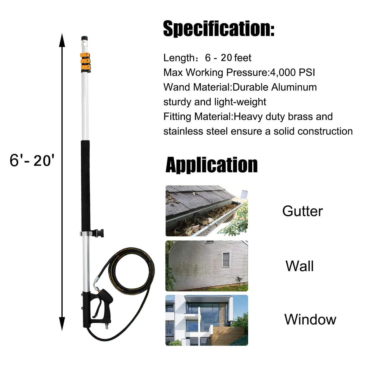 EDOU DIRECT 20' Telescoping Pressure Washer Wand | 4,000 PSI | 5 Nozzles, 2 Couplers, 2 Adapters, Harness