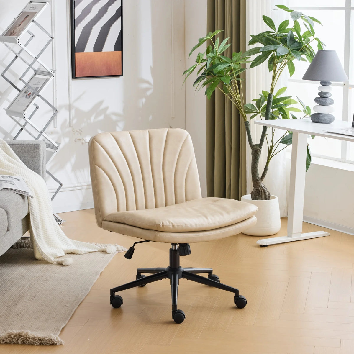 Ktaxon Armless Office Chair Swivel Study Chair Adjustable Desk Chair with Criss Cross Legs and Wheels for Conference and Home Faux Leather Gray