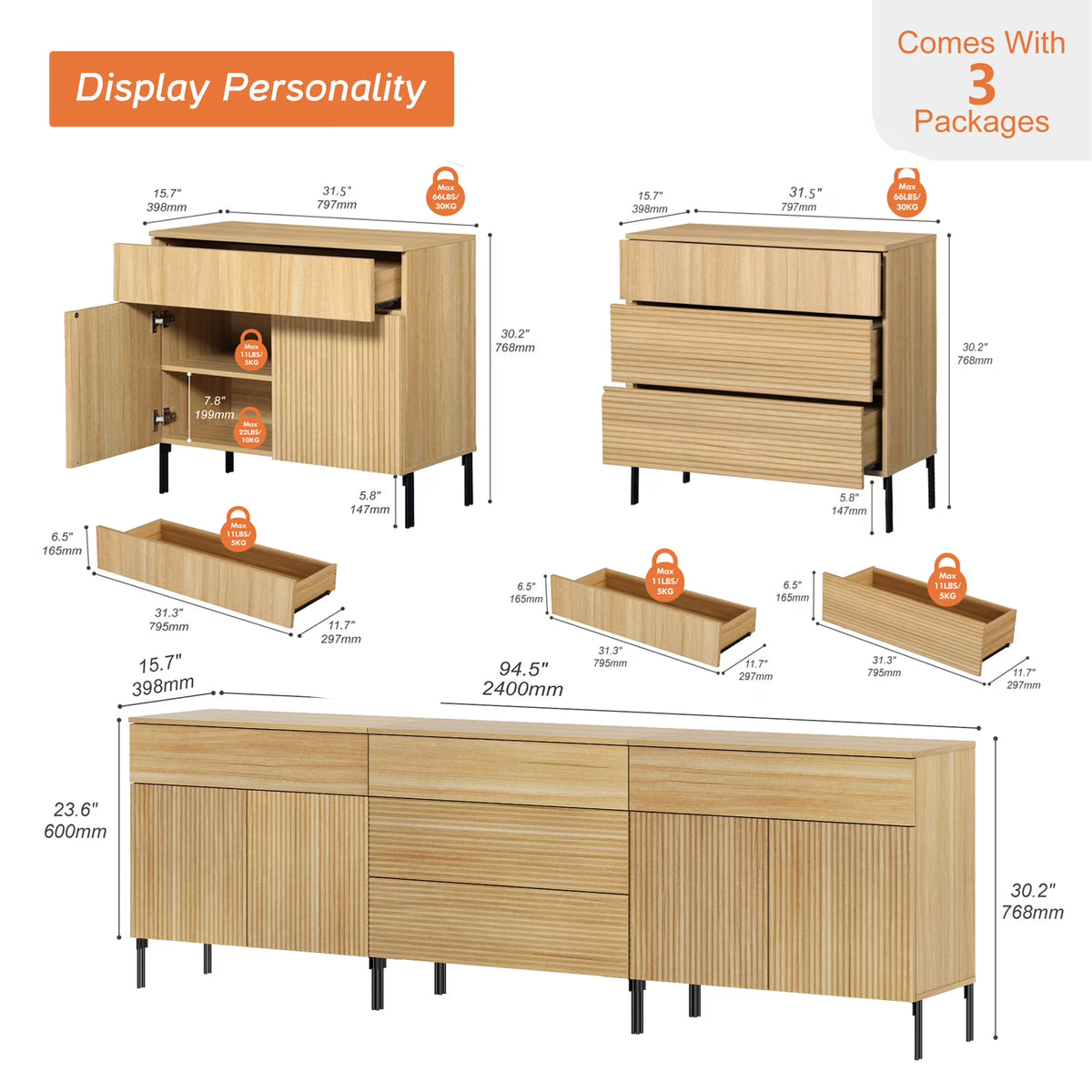 94.5 Reeded Accent Cabinet Set with Doors and Drawers, Modern Credenza Storage Cabinet with Metal Legs for Living Room, Kitchen, Dining Room, Hallway