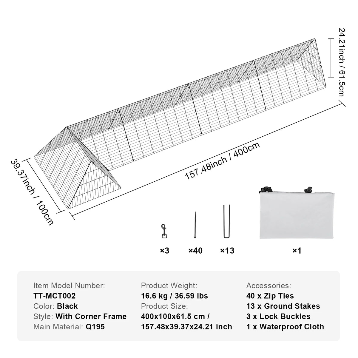 KFFKFF 157.5x39.4x24.2 Inch Chicken Tunnel Portable Outdoor Chicken Tunnel
