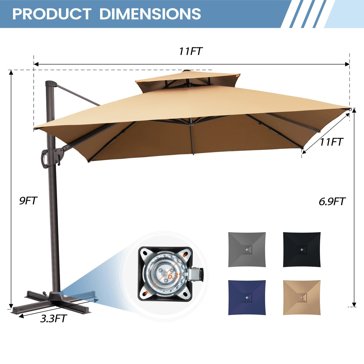 Pellebant 11' Patio Cantilever Offset Umbrella 360 degrees Rotation Square Double Canopy Navy Blue