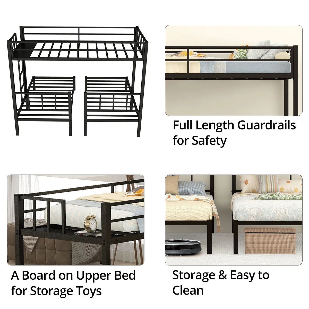 Triple Bunk Bed for 3, Twin over Twin & Twin Bunk Bed with Ladder and Shelf, Can be divided into 3 Beds, Metal Bunk Bed Frame with Safety Rail & Slats Support, No Box Spring Needed, Black