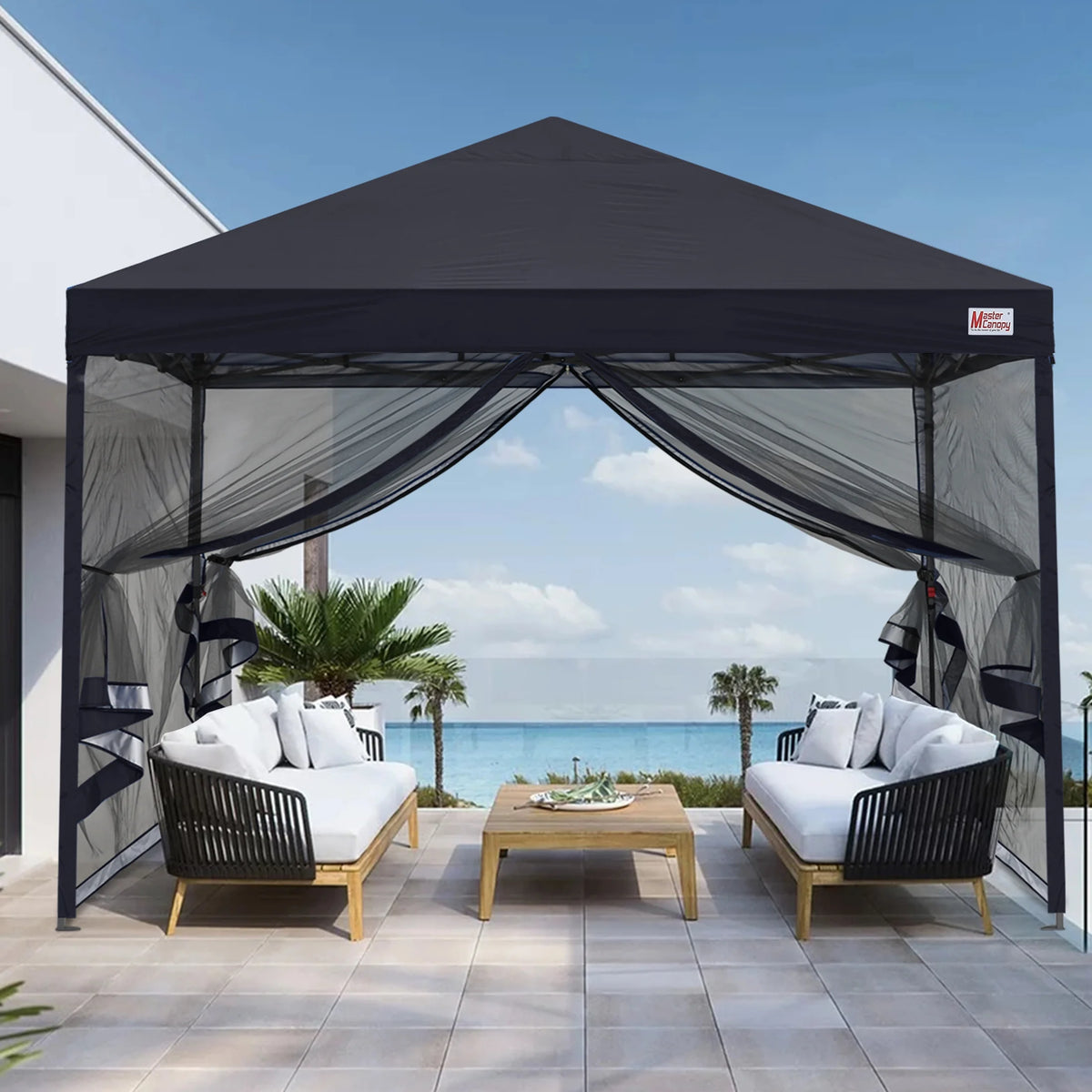 MASTERCANOPY 8' x 8' Pop-up Canopy Tent Outdoor Screen House Shelter with Mesh Walls, White