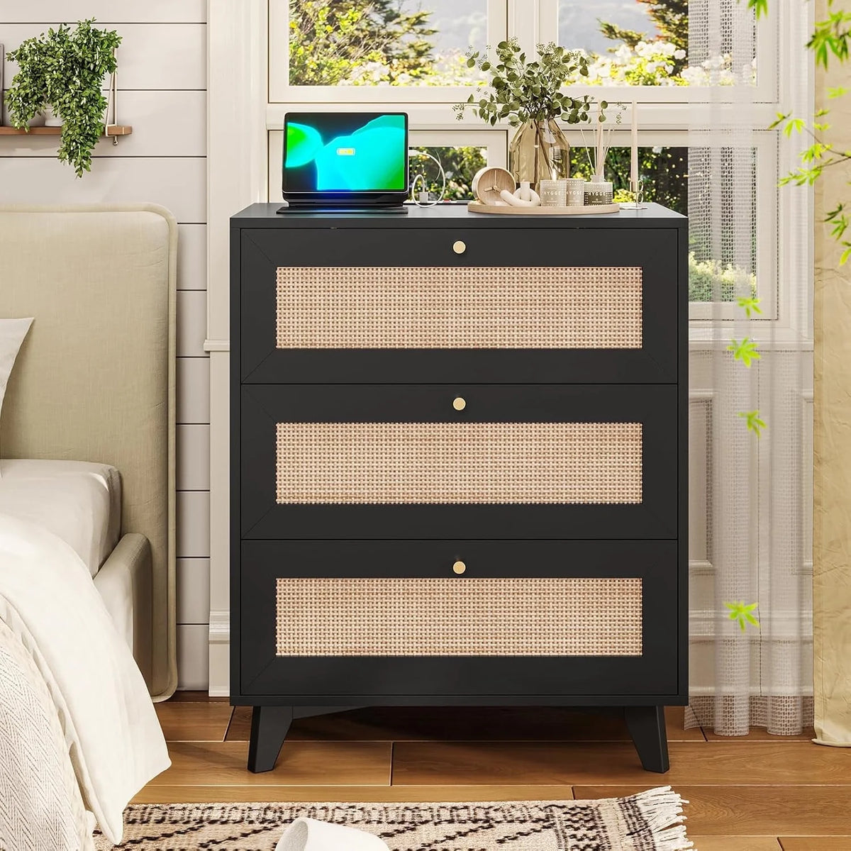 AOGLLATI Rattan Nightstand with Charging Station & 3 Drawers for Bedroom