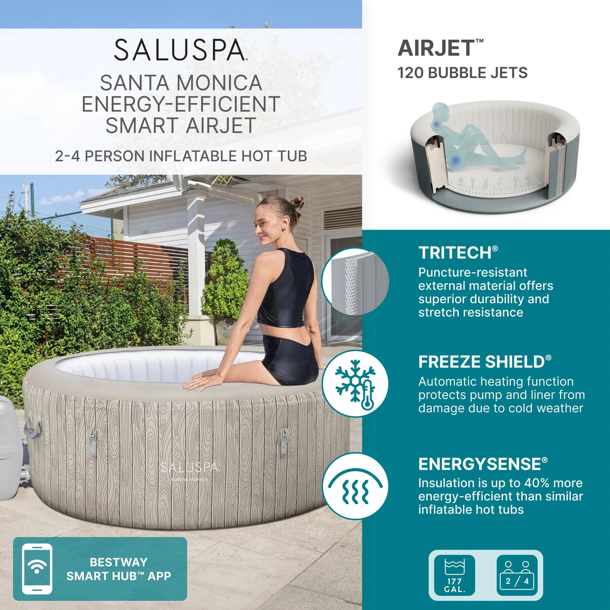 SaluSpa Santa Monica Energy-Efficient Smart AirJet Inflatable Circle Hot Tub with App-Control 2-4 Person with Pump #P09144