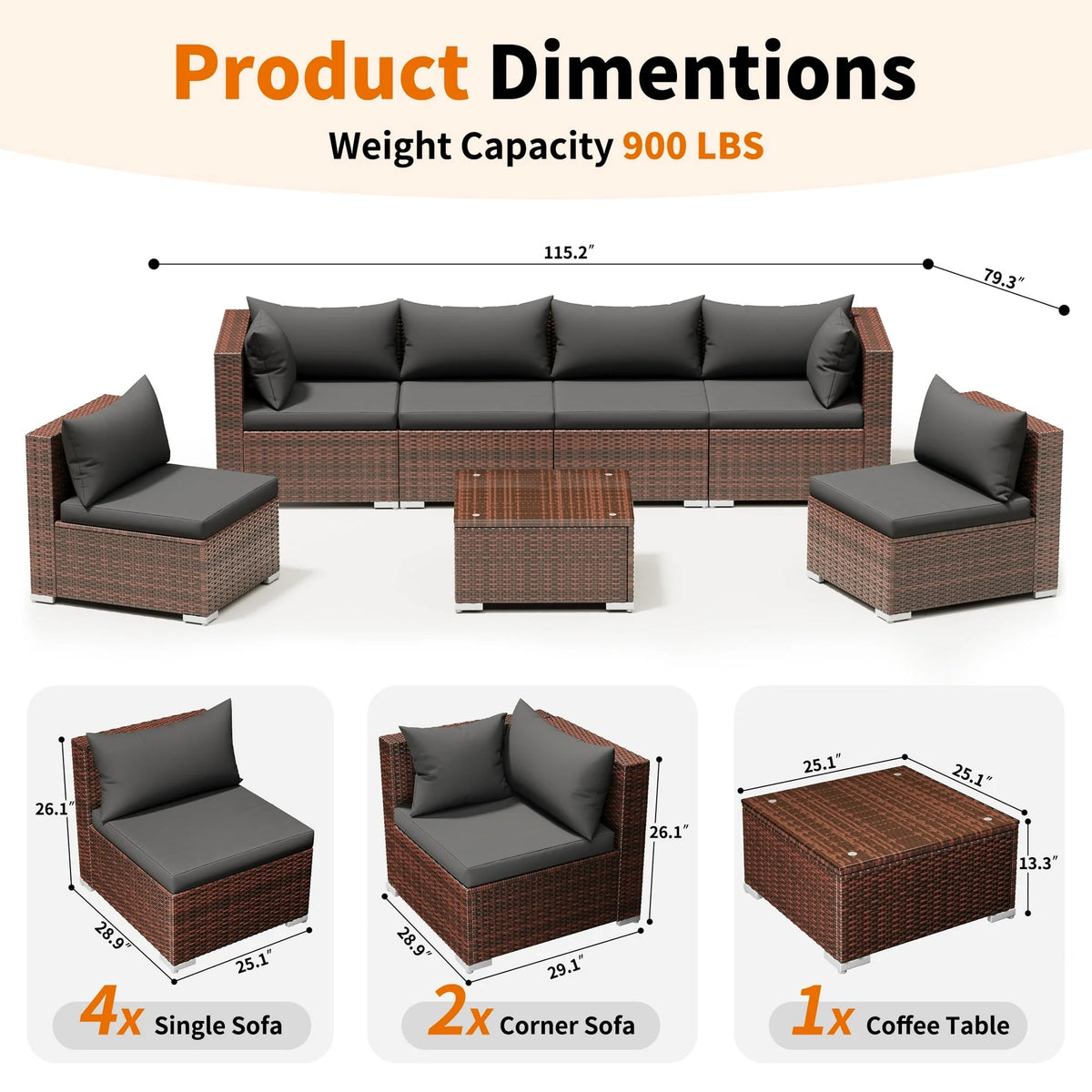 Techmilly Patio Furniture Sets, Modular Rattan Outdoor Patio Sectional Furniture Sofa Set, Wicker Patio Conversation Set for Backyard,7PCS