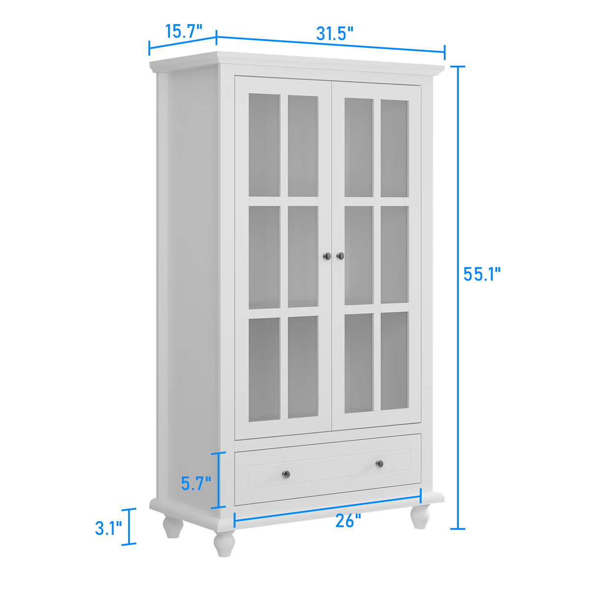 MONSLIPA Display Cabinet with 2 Tempered Glass Doors, Storage Cabinet with 3 Shelves an 2 Deep Drawers, White