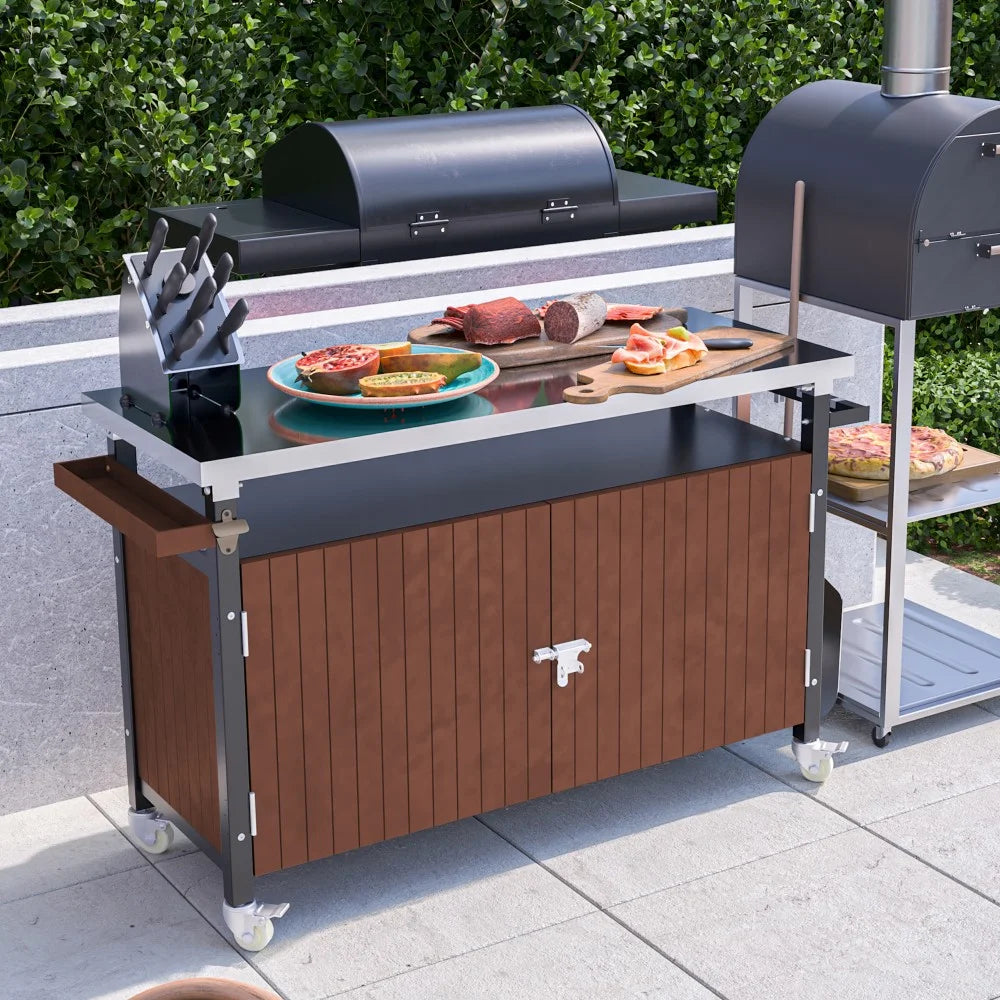 IVV BBQ Grill Storage Cart/Bin, Outdoor Storage Cabinet on Wheels, Metal Kitchen Dining Table Cooking Prep Table with Wheels, Hooks, and Spice Rack, for Patio Island Home Party Bar (Brown)