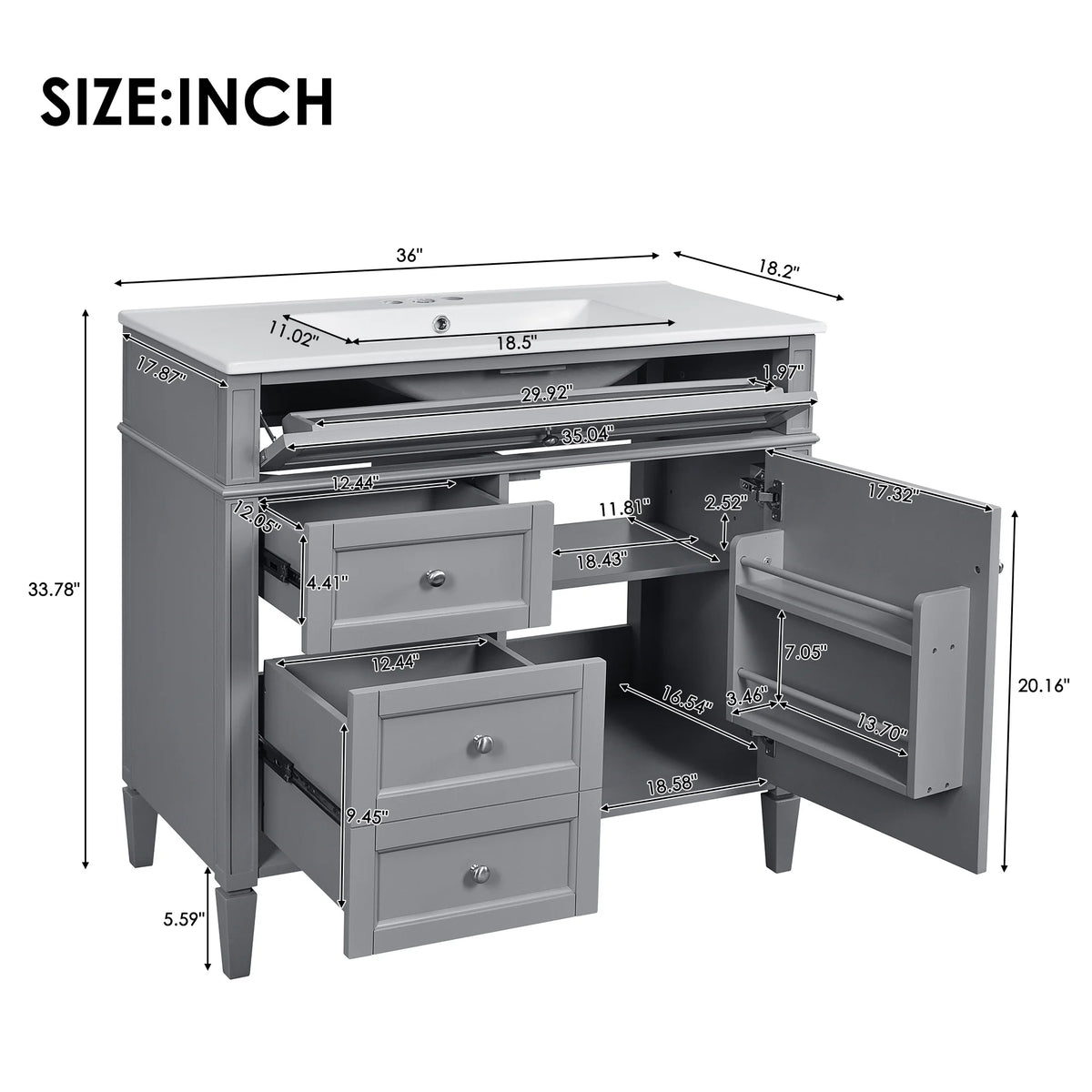 EUROCO 36'' Bathroom Vanity with Sink, Modern Bathroom Storage Cabinet with 2 Drawers and a Tip-out Drawer, Freestanding Bathroom Dresser, Blue