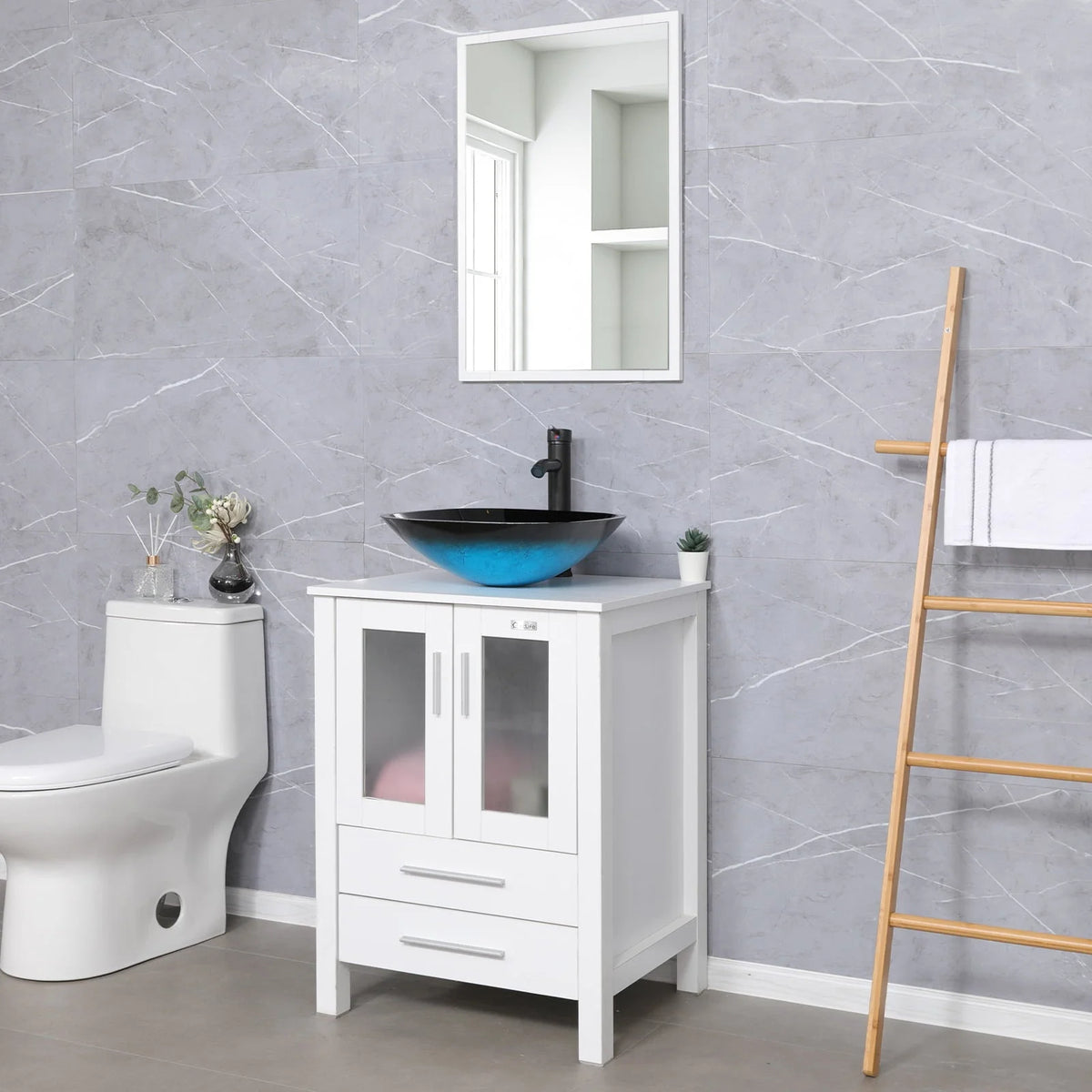Eclife 24"W x 20"D x 32"H Classical Bathroom Vanity Vessel Sink Set with Faucet, Mirror White Vanity and Ocean Blue Square Glass Sink Pop up Drain Combo