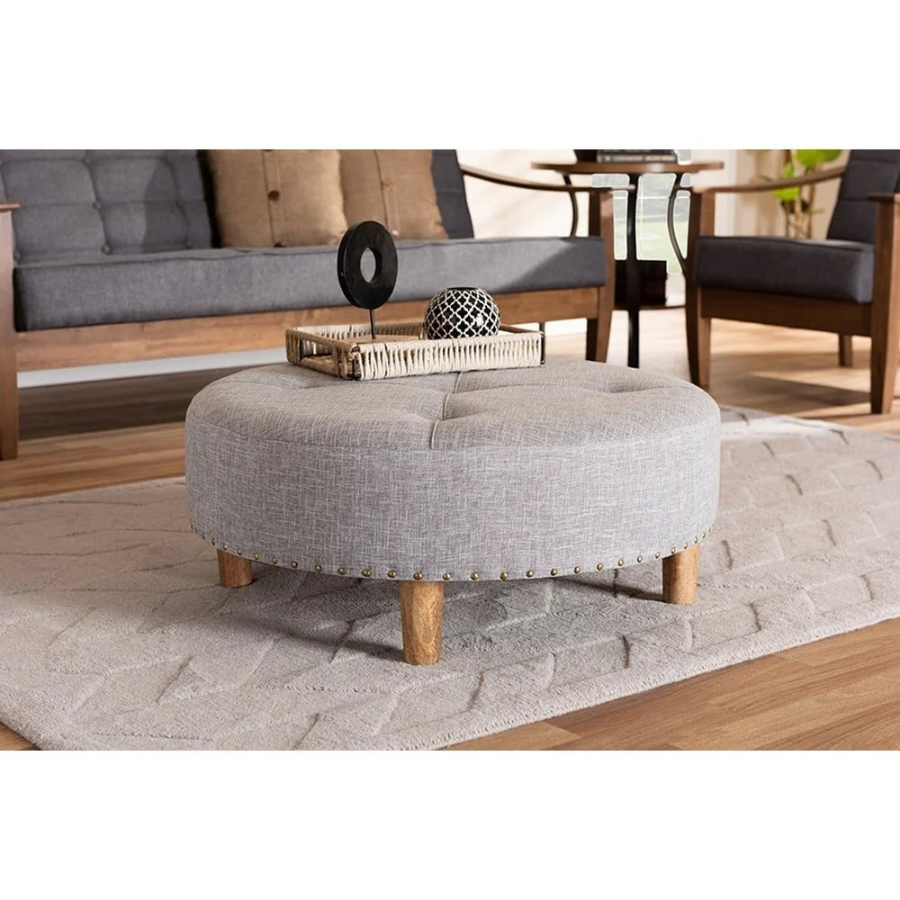 Vinet Modern and Contemporary Light Gray Fabric Upholstered Natural Wood Cocktail Ottoman