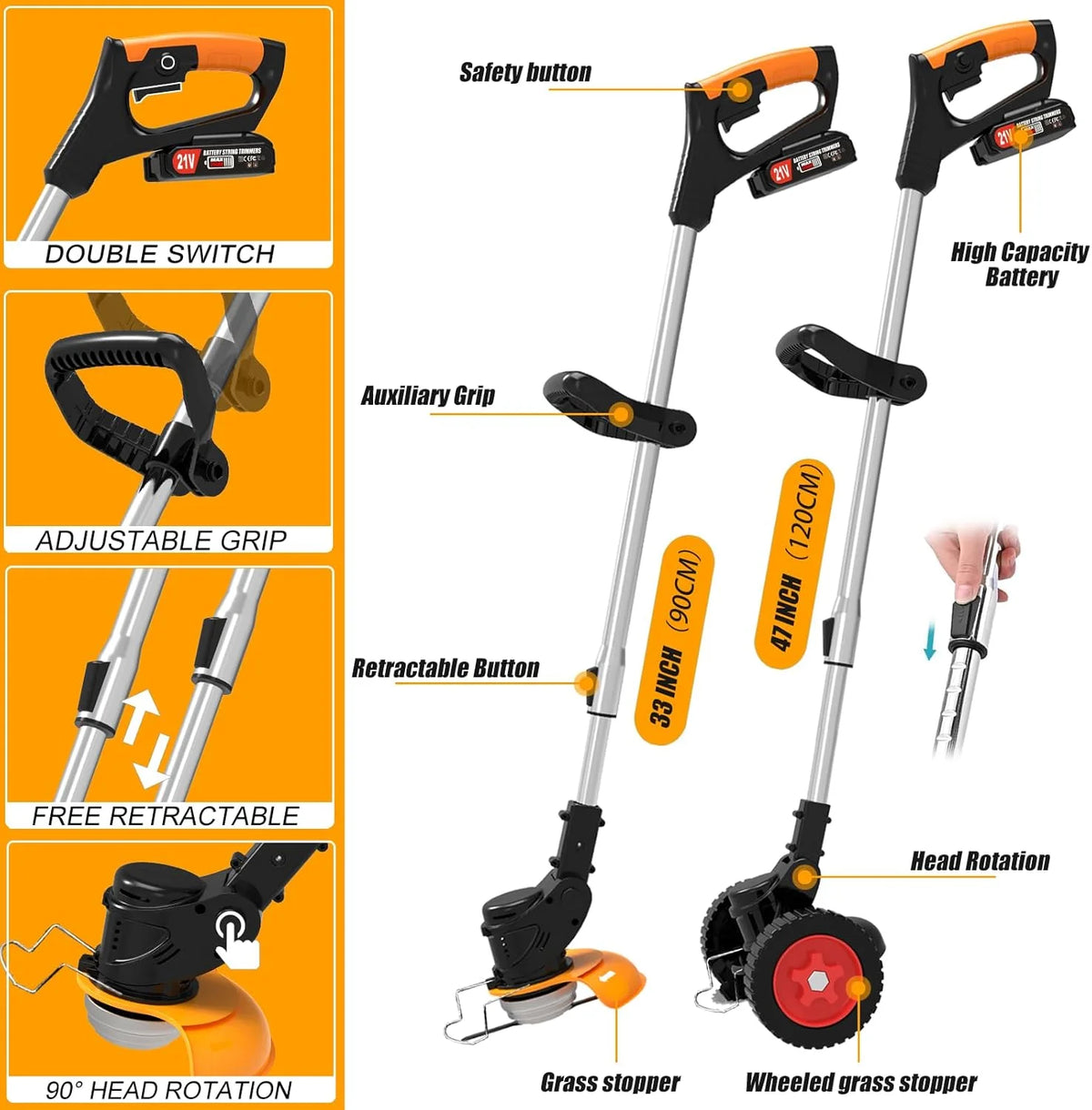 Cordless Electric Trimmer, 21V Grass Edger with Wheels, 3-in-1 Metal/Saw/Plastic Blade, Adjustable Height & Noise Reduction, Includes Deluxe Accessories