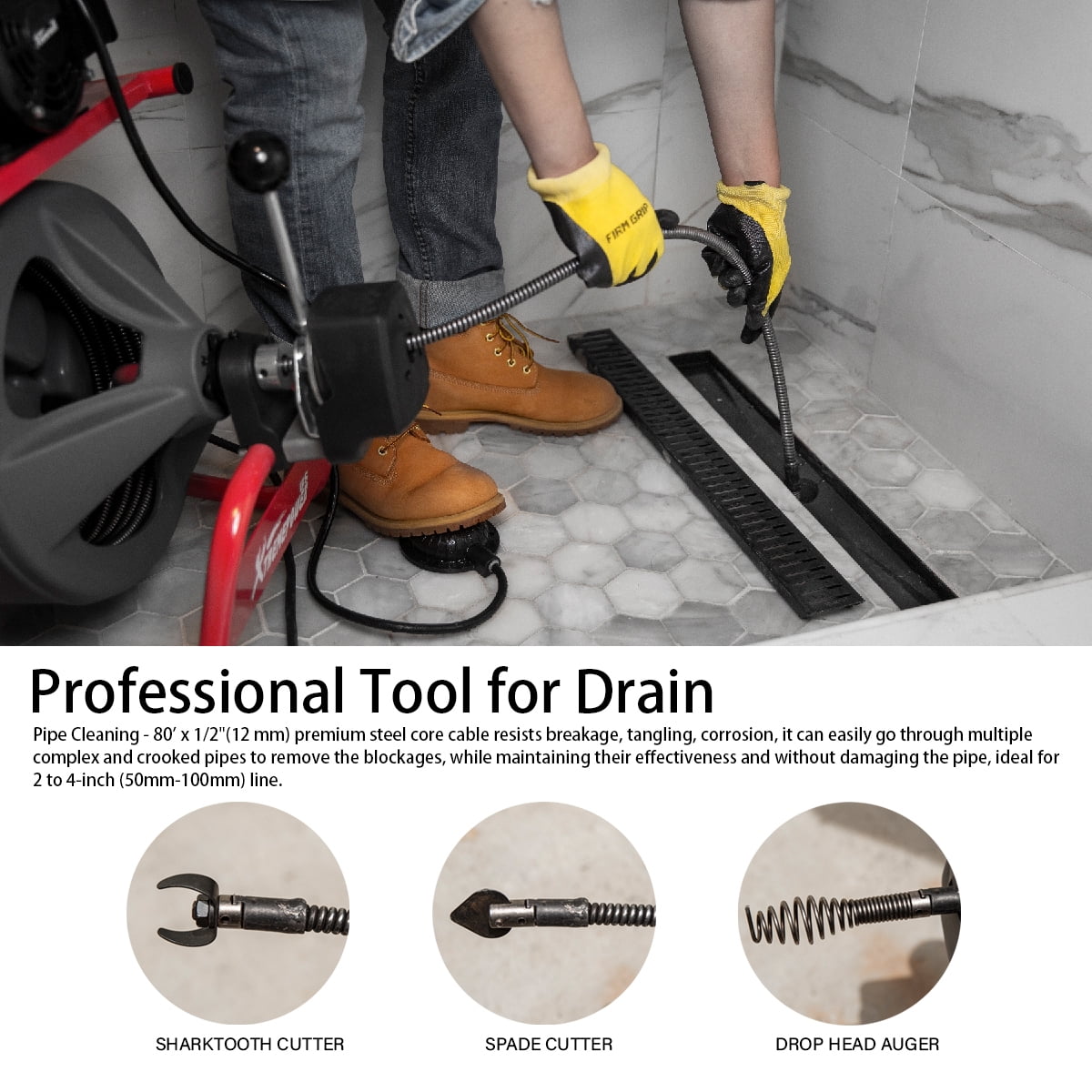 XtremepowerUS Auto Feed Drain Auger Snake - Handheld, 25 Ft, 3/4"-2" Pipes, Red/Black