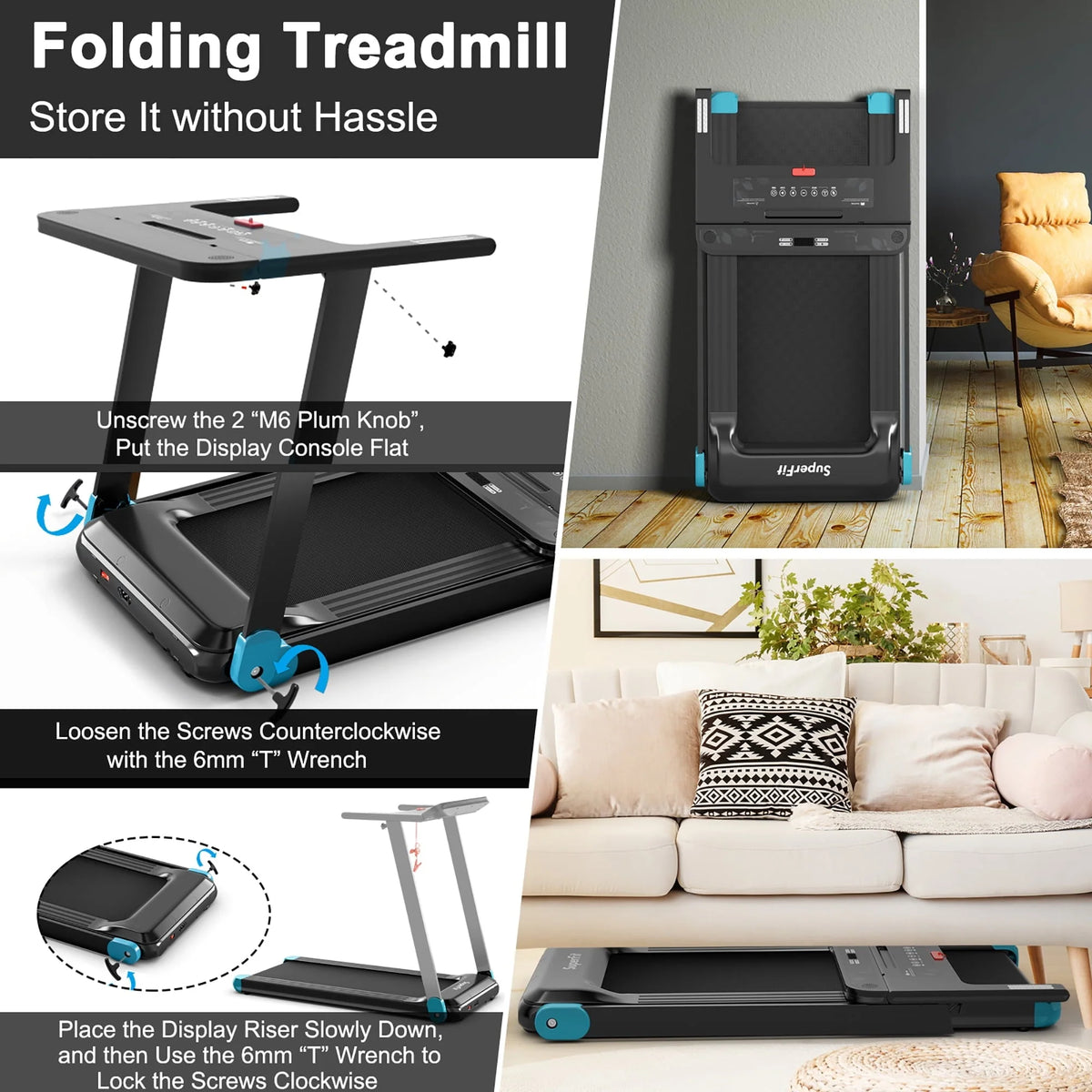 SuperFit Electric Treadmill Compact Walking Running Machine w/APP Control Speaker