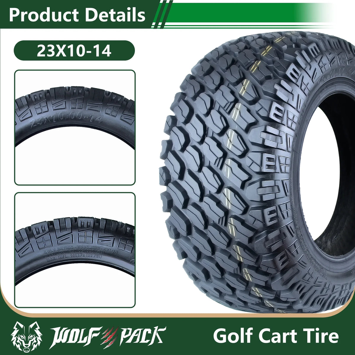 WOLF PACK 23X10-14 Golf Cart Tires Non-Directional Tubeless Tire Multi-Terrain Tire with Superior Traction and Mud-Resistant Self-Cleaning Tread Design for Long-Lasting Performance