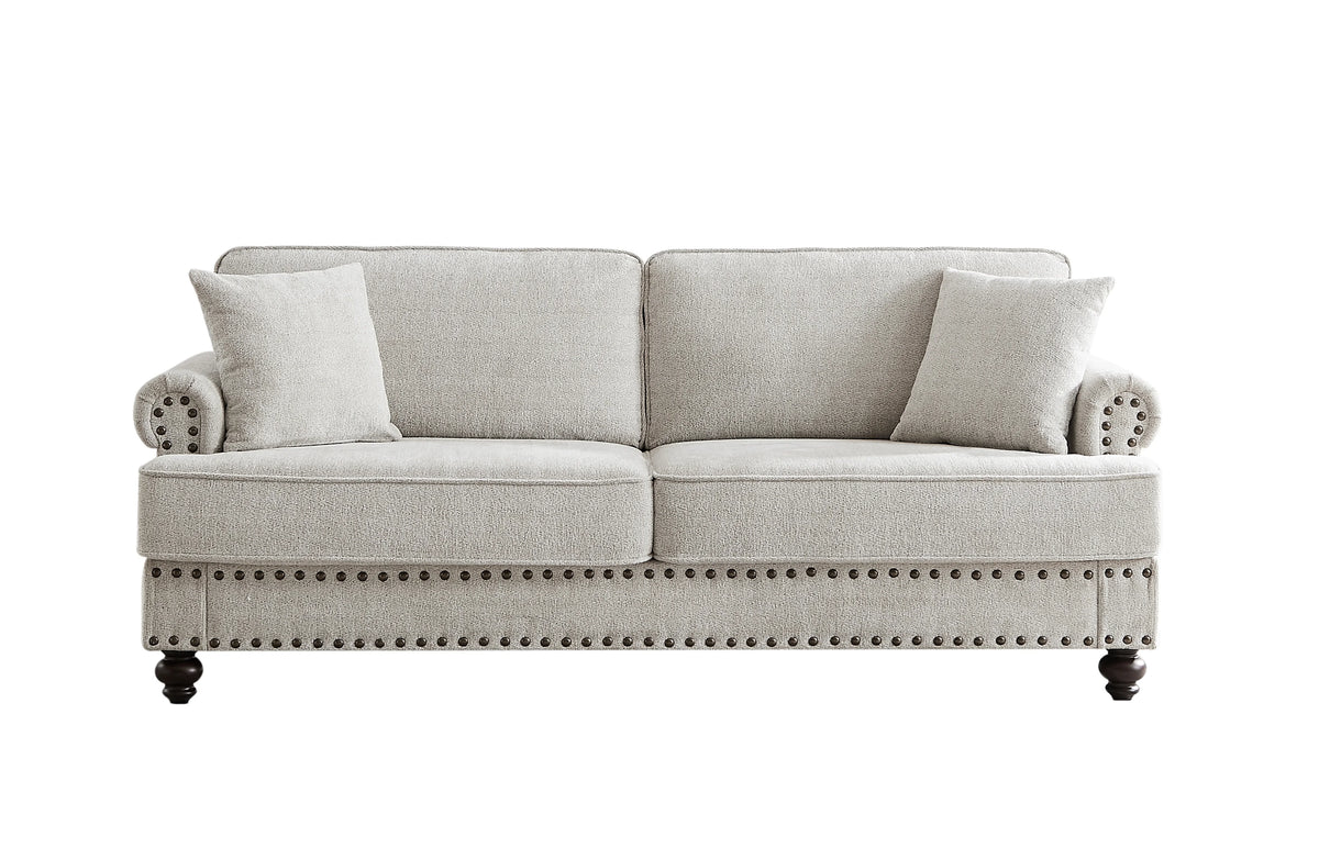 Modern Chenille Upholstered Sofa Couch with Nailhead Trim Rolled Arms Pillows