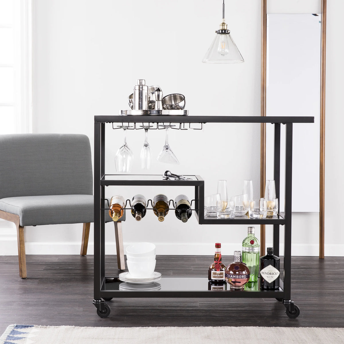 Holly & Martin Zephs indoor Bar Cart - Gunmetal Gray with Black Glass 40 x 37.5
