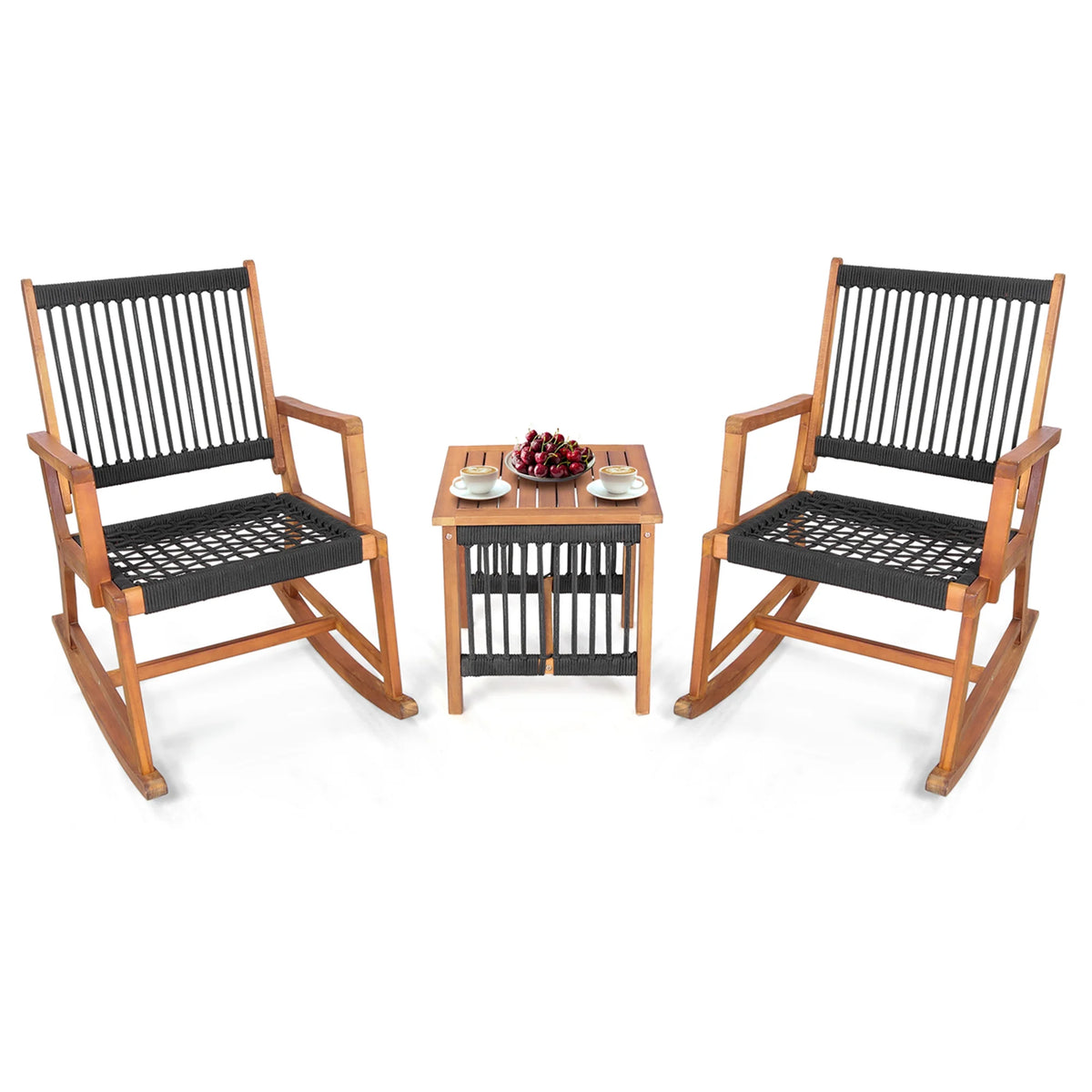Costway 3pcs Patio Acacia Wood Bistro Table Rocking Chair Set All-Weather Rope Outdoor