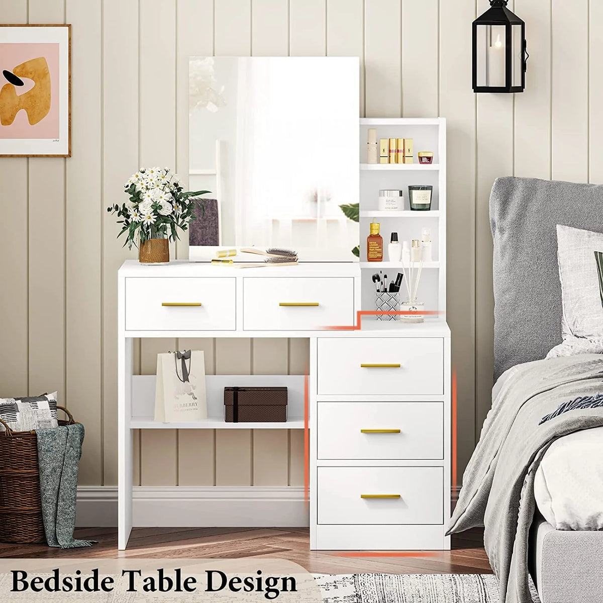 Makeup Vanity Table with Sliding Mirror,Vanity Desk with Hidden Storage Shelves and 5 Drawers,Modern Vanity Table with Mirror for Bedroom,White