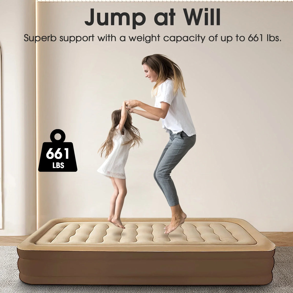 Liyufly 19in Queen Air Mattress, Inflatable Airbed with Pump for Guest Home Camping Travel, 661lb Max,Coffee