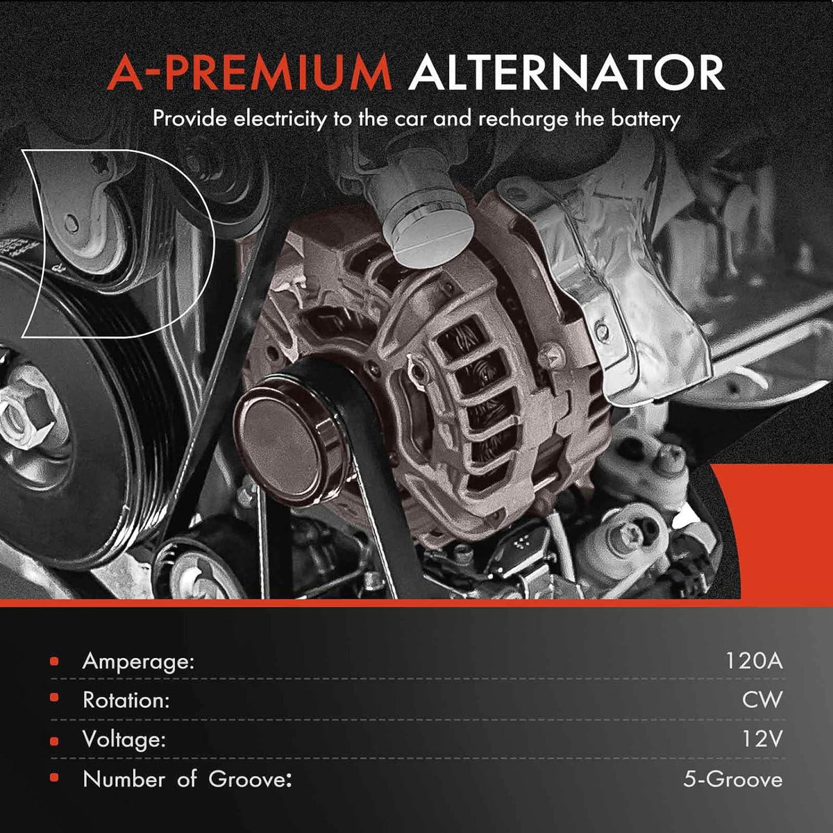A-Premium Alternator with 12V 120A for Chevrolet Chevy Equinox 2010-2017 & GMC Terrain & Buick Regal - L4 2.4L