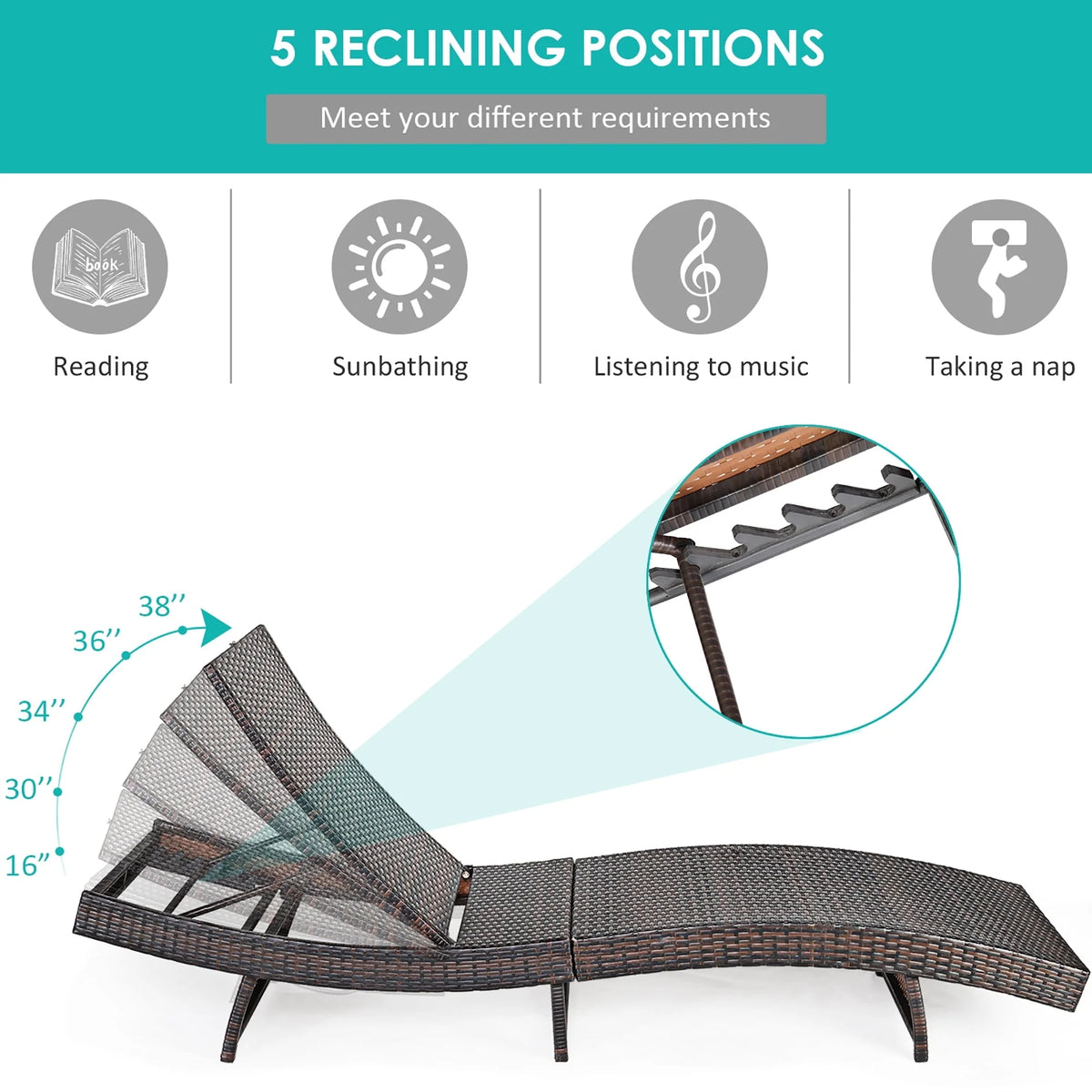 Costway Patio Rattan Folding Lounge Chair Chaise Adjustable W/Turquoise Cushion