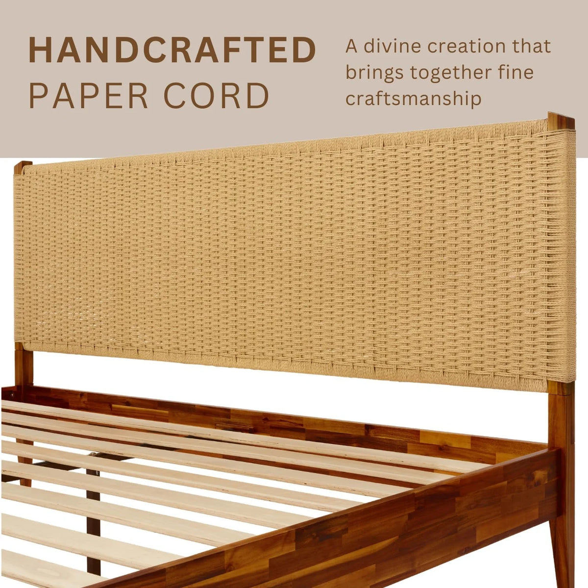 Selina Wood Platform Bed Frame - Handcrafted Paper Cord Unique Headboard - No Box Spring Needed - 12 Strong Wood Slats Support - Easy Assembly - King, Caramel