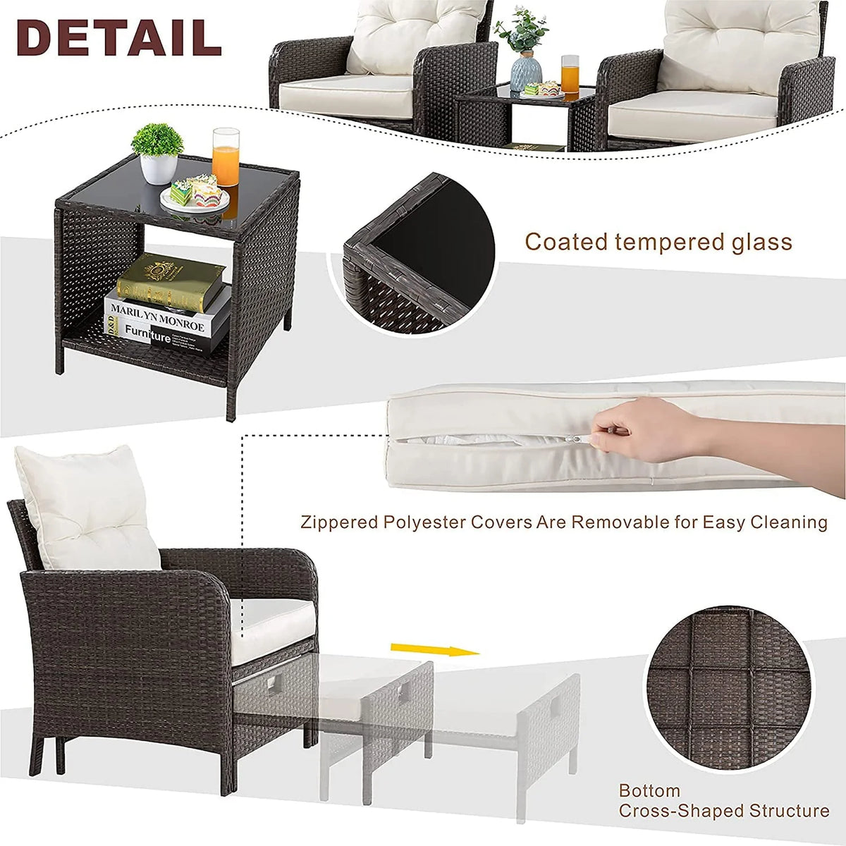 Sobaniilo 5 Piece Patio Furniture Set, Outdoor PE Wicker Chairs for Two with Ottoman Underneath(Beige)