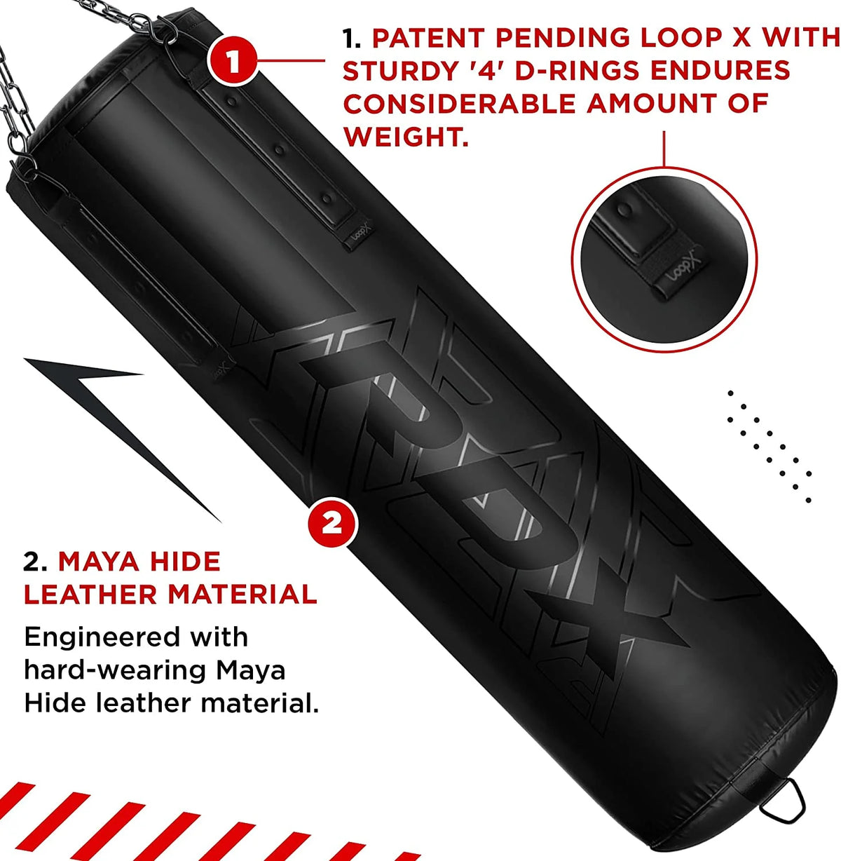 RDX 4PC Punching Bag Anti Swing Heavy Filled Set, Non Tear Maya Hide Leather Adult Bag with Ceiling Hook Punching Gloves Chain, Kickboxing Boxing MMA Muay Thai Karate Training, 60 lb, 80 lb