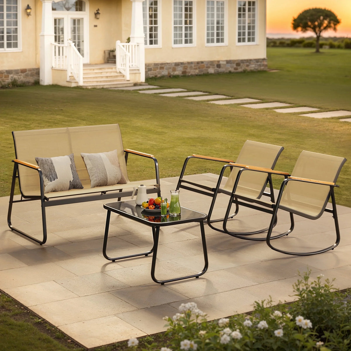 Patio Conversation Sets for 4, Lofka 4 Pieces Patio Furniture Sets with Rocking Bistro Fabric chairs, Garden Loveseat, Glass Coffee Table for Backyard, Poolside, Porch, Lawn, Black