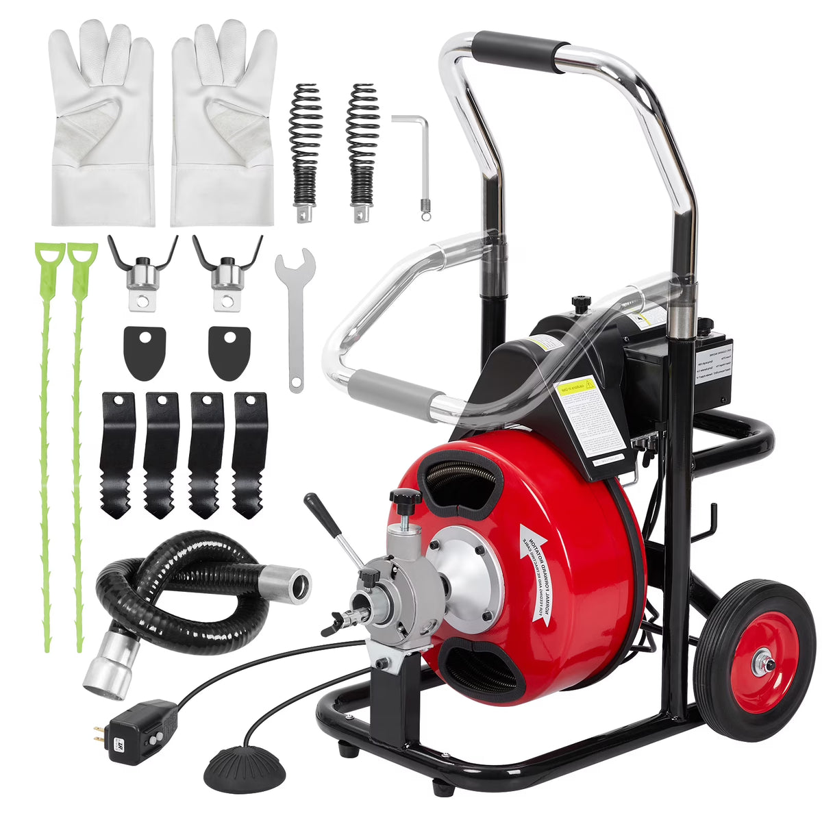 Roromall Drain Cleaner Machine 50FT/75FT/100FT x 3/8-inch/1/2-inch Sewer Auger Electric Drain Auger Sewer Snake with 4 Cutter, Air-Activated Foot Switch, Gloves