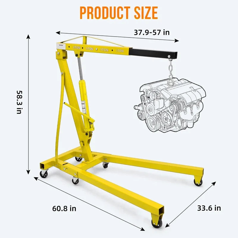 Towallmark 2 Ton Hydraulic Engine Hoist, Shop Crane, Cherry Picker with Telescoping Boom and 6 Casters for Garage Workshop Automotive Repair, Yellow