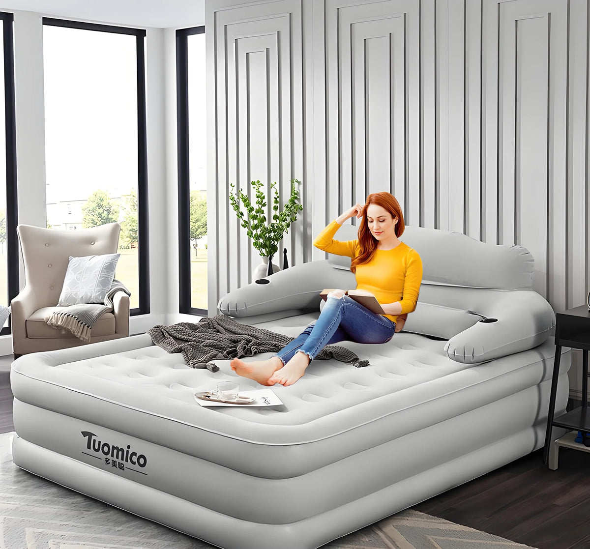 Liyufly 19in Queen Air Mattress, Inflatable Airbed with Pump for Guest Home Camping Travel, 661lb Max,Coffee