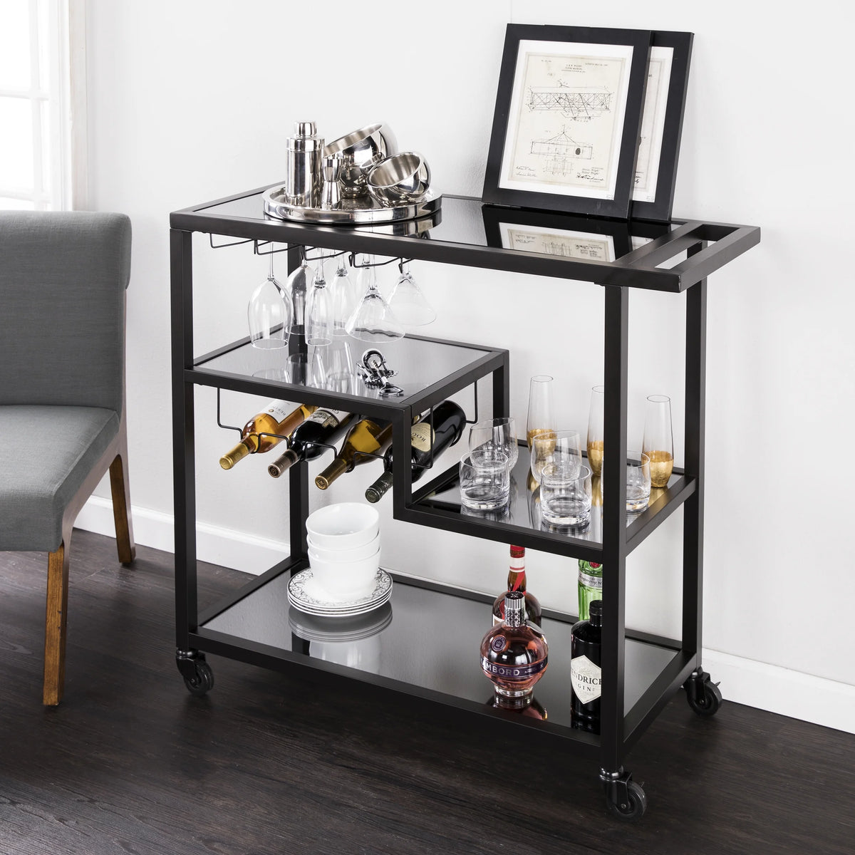 Holly & Martin Zephs indoor Bar Cart - Gunmetal Gray with Black Glass 40 x 37.5