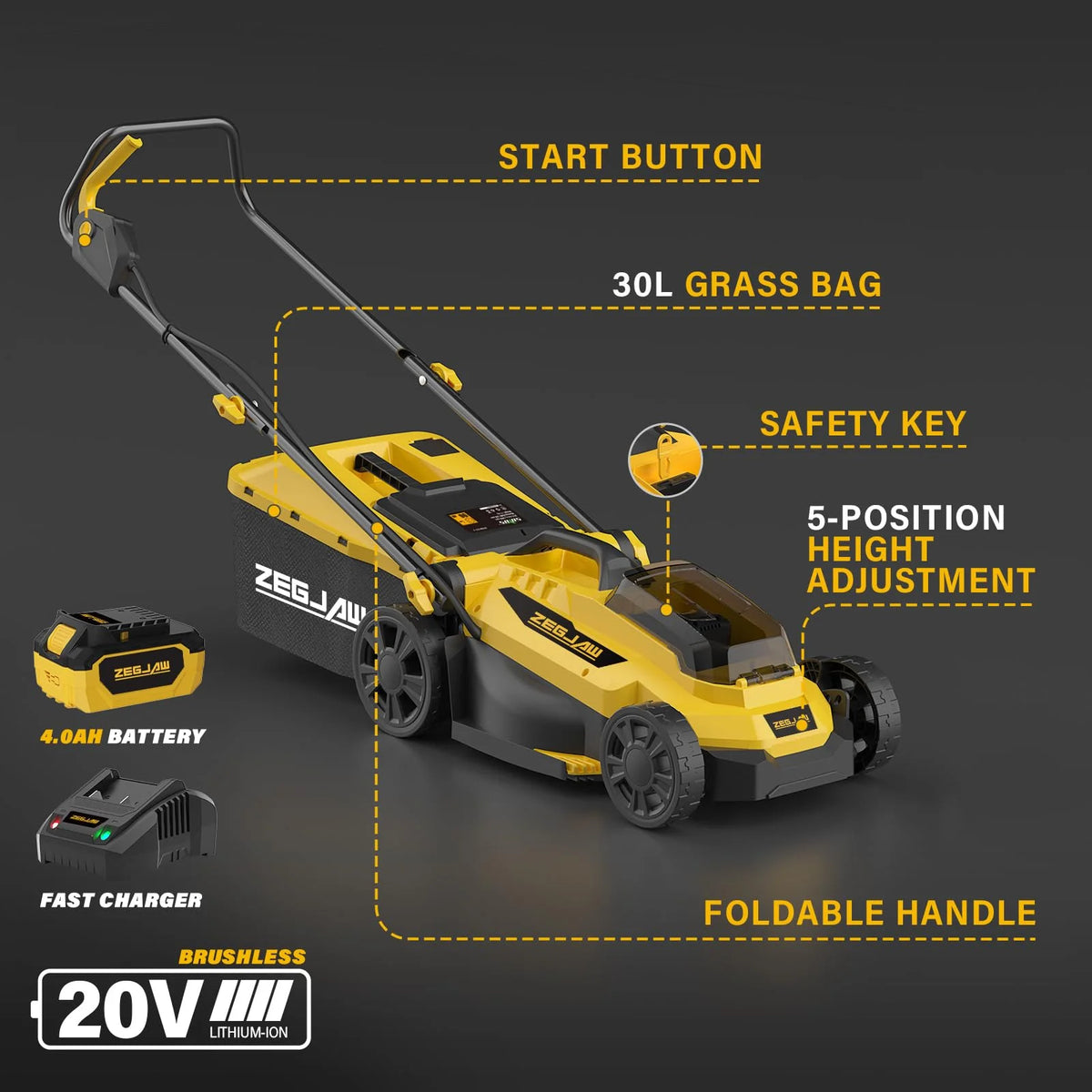 ZEGJAW Lawn Mower Cordless,13-Inch Electric Lawn Mower with 4.0Ah Battery and Charger, 2-in-1 Electric Mower with 5-Position Height Adjustment