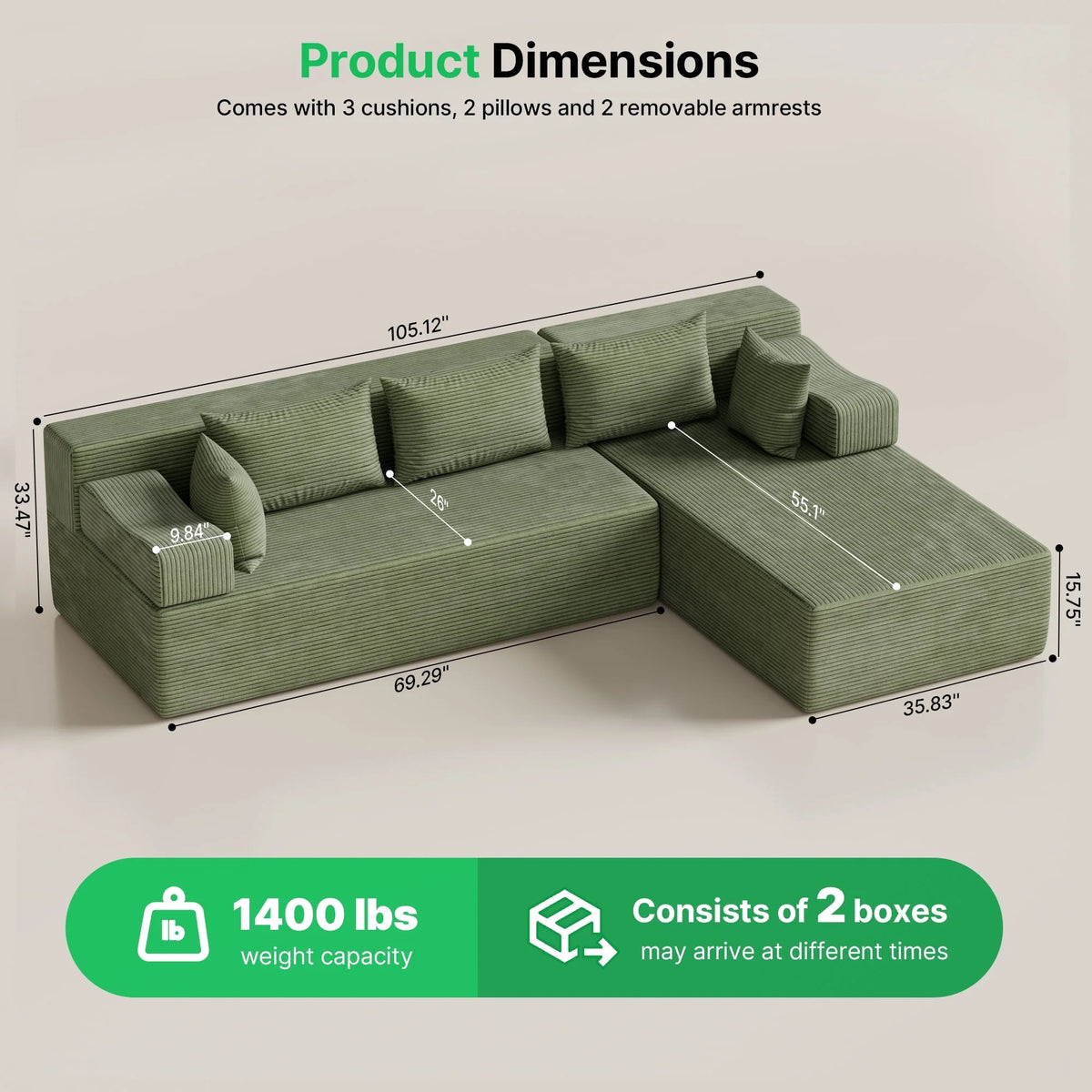 Behost 105" Modular Sectional Sofa for Living Room, Boneless L Shaped Cloud Couch with Chaise, Gray
