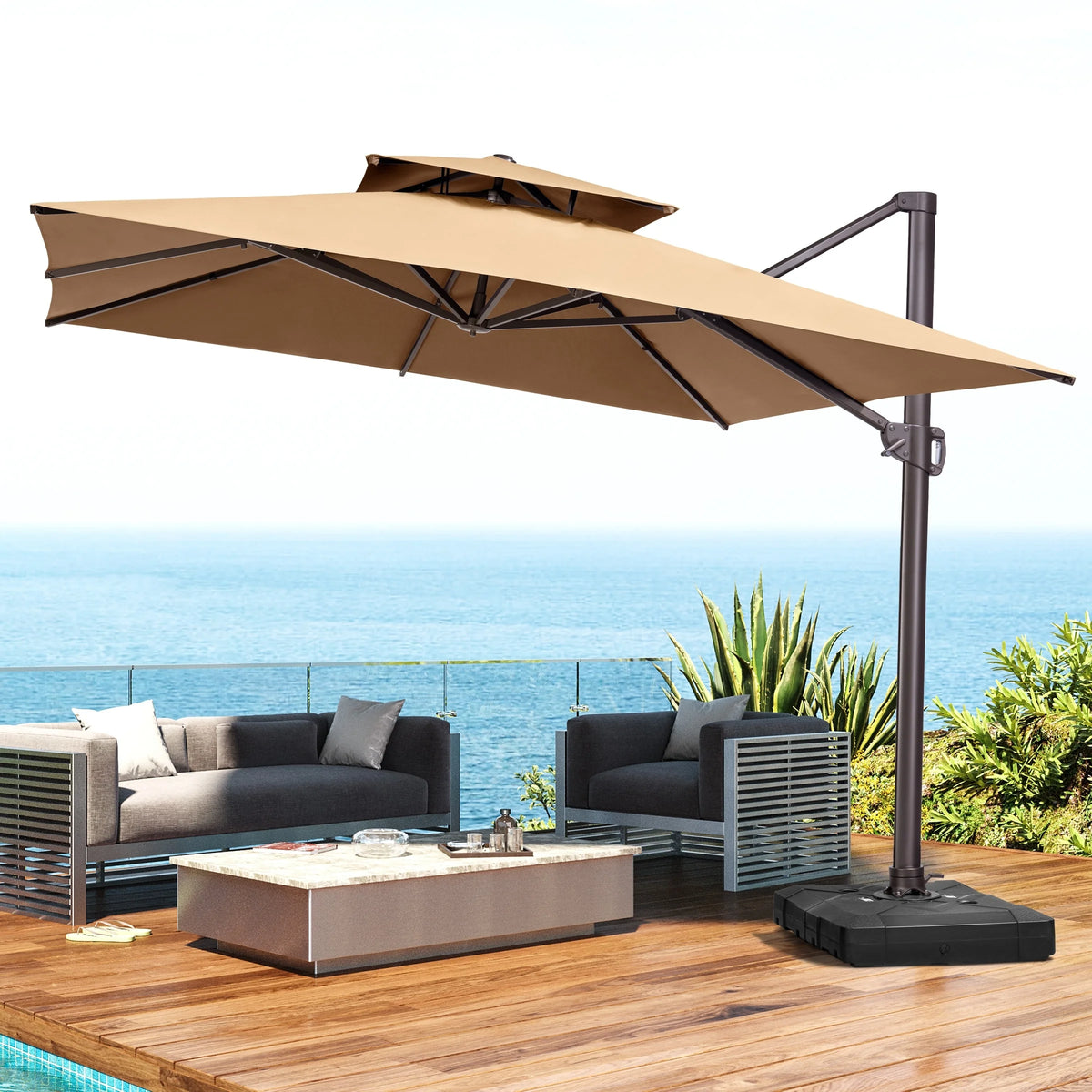 Pellebant 11' Patio Cantilever Offset Umbrella 360 degrees Rotation Square Double Canopy Navy Blue
