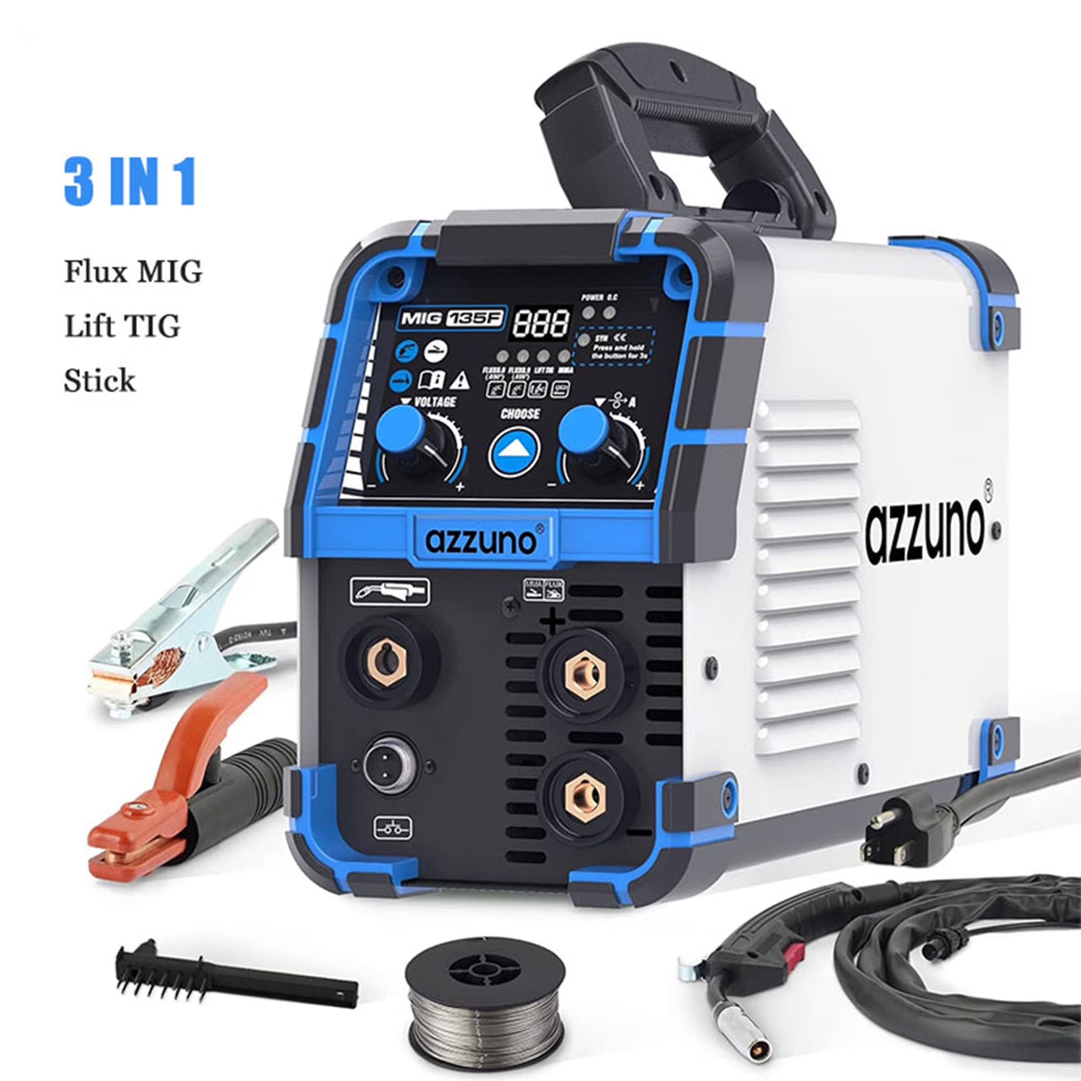 AZZUNO 135A MIG Welder 110V Flux MIG/Lift TIG/Stick 3 in1 IGBT Welding Machine