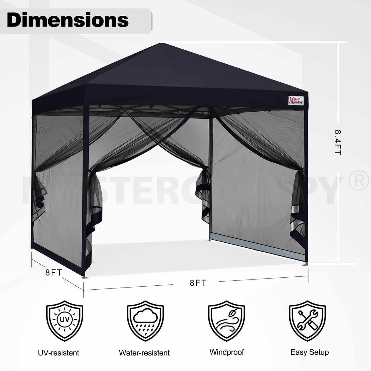 MASTERCANOPY 8' x 8' Pop-up Canopy Tent Outdoor Screen House Shelter with Mesh Walls, White