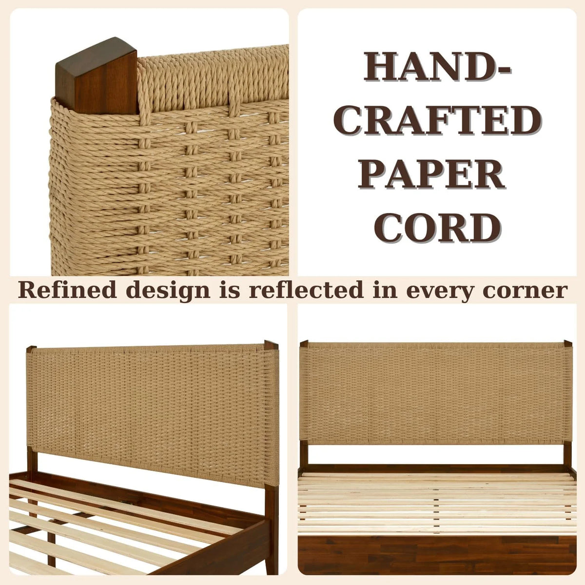 Selina Wood Platform Bed Frame - Handcrafted Paper Cord Unique Headboard - No Box Spring Needed - 12 Strong Wood Slats Support - Easy Assembly - King, Caramel
