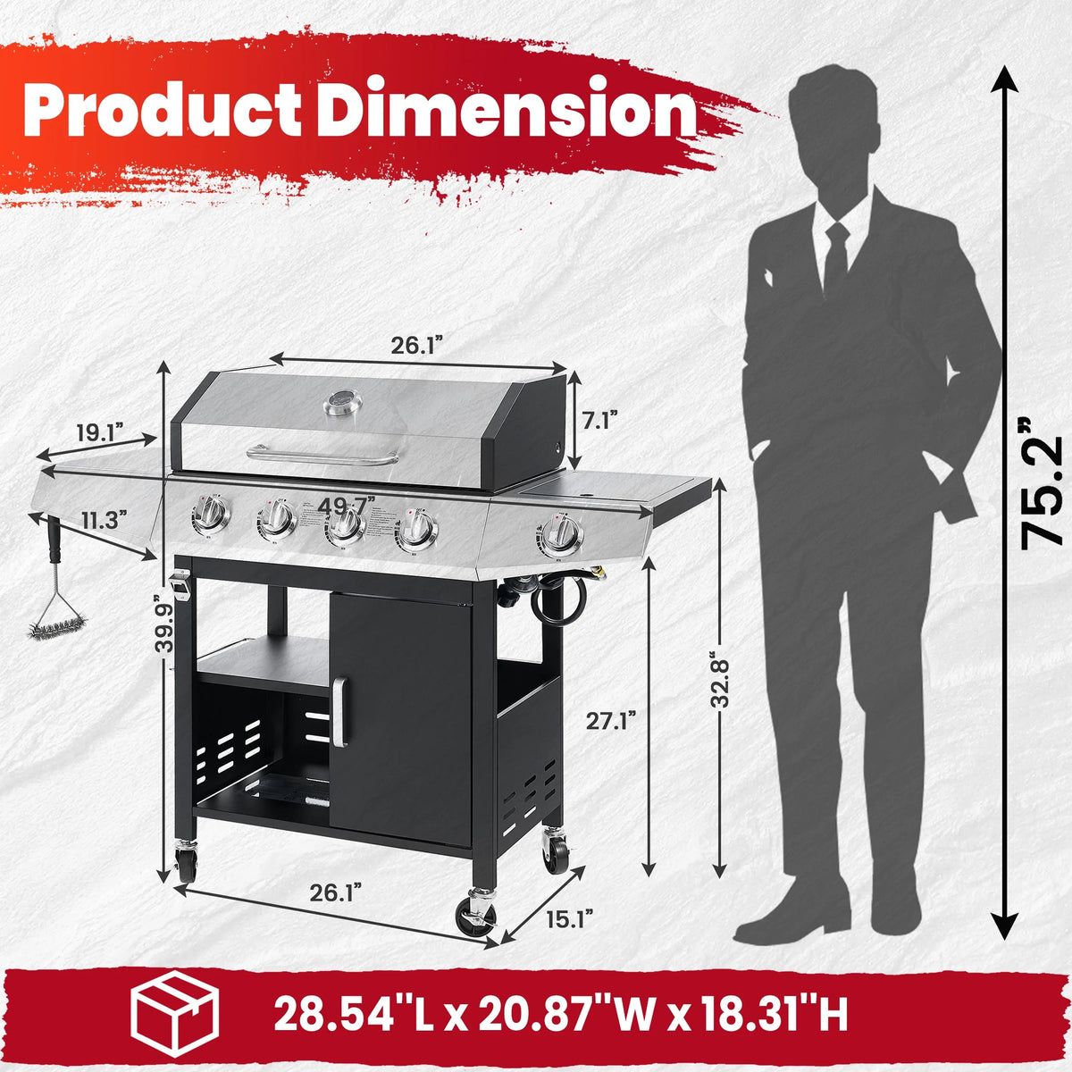 BBQ Grill, Seizeen Gas Grill with Side Burner, 40,000BTU 3-Burner Propane Grill w/Storage Cabinet, Steel Brush, Stainless Steel Camping for Backyard Patio, Portable Design on Wheels