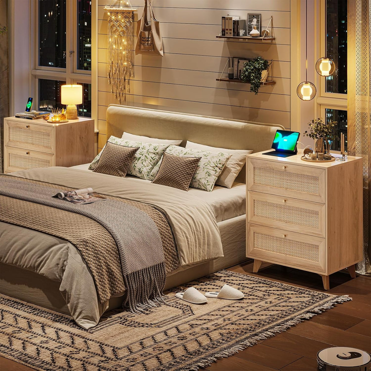 AOGLLATI Rattan Nightstand with Charging Station & 3 Drawers for Bedroom