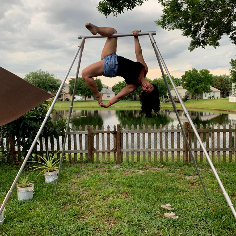 Kojem 97"/2.46m Aerial Trapeze Stand Portable Rig Yoga Swing Bar 250kg/551lbs Aluminum Rack ?Nylon Silk Indoor Outdoor Use with 20Ft/6m Aerial Purple Silk