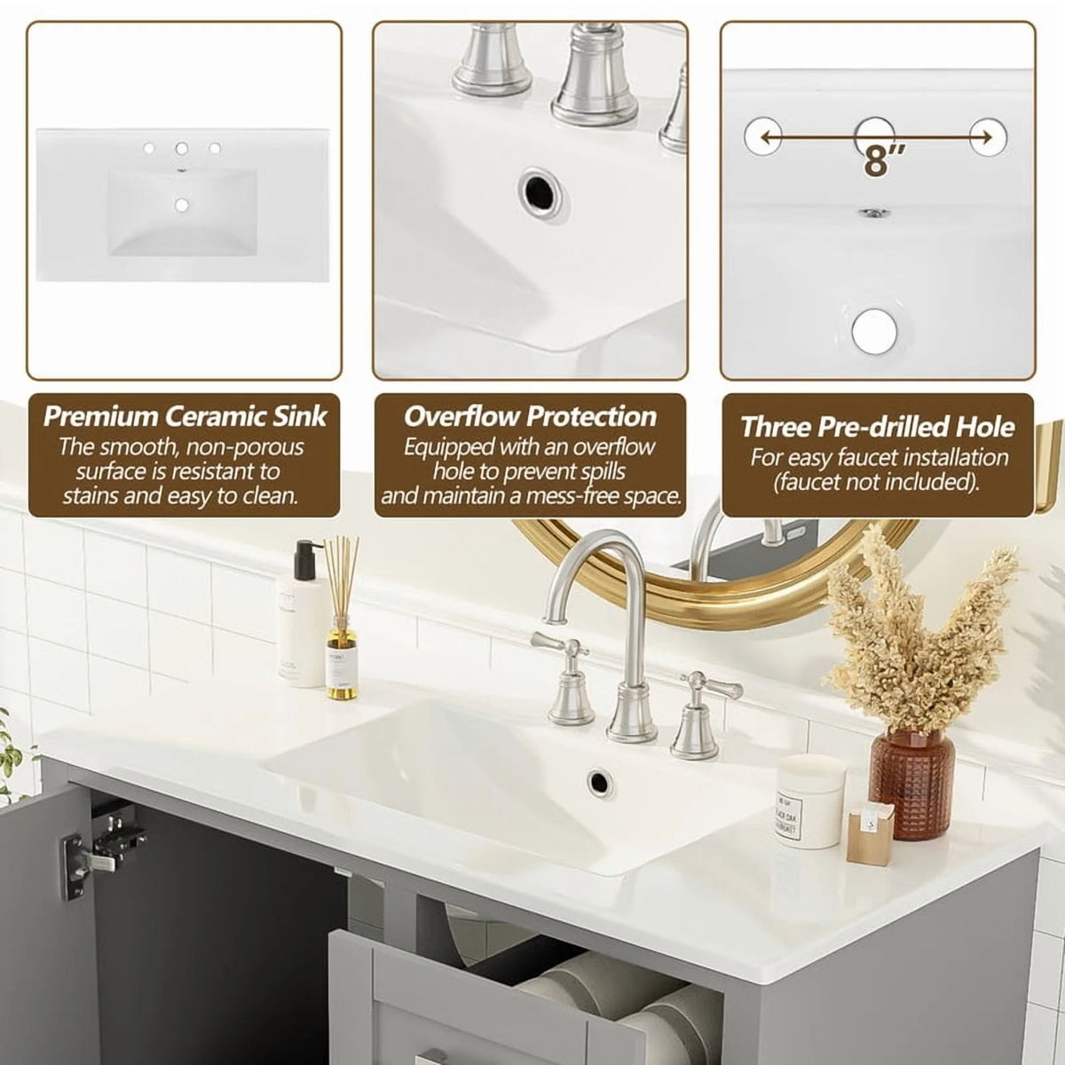 Bellemave 30" Bathroom Vanity with Sink, Cabinet with Sink Combo Set with Top, Bathroom Storage Cabinet with 3 Drawers and 1 Soft Closing Door, 30 Inch Vanity with Sink for Bathroom（White）
