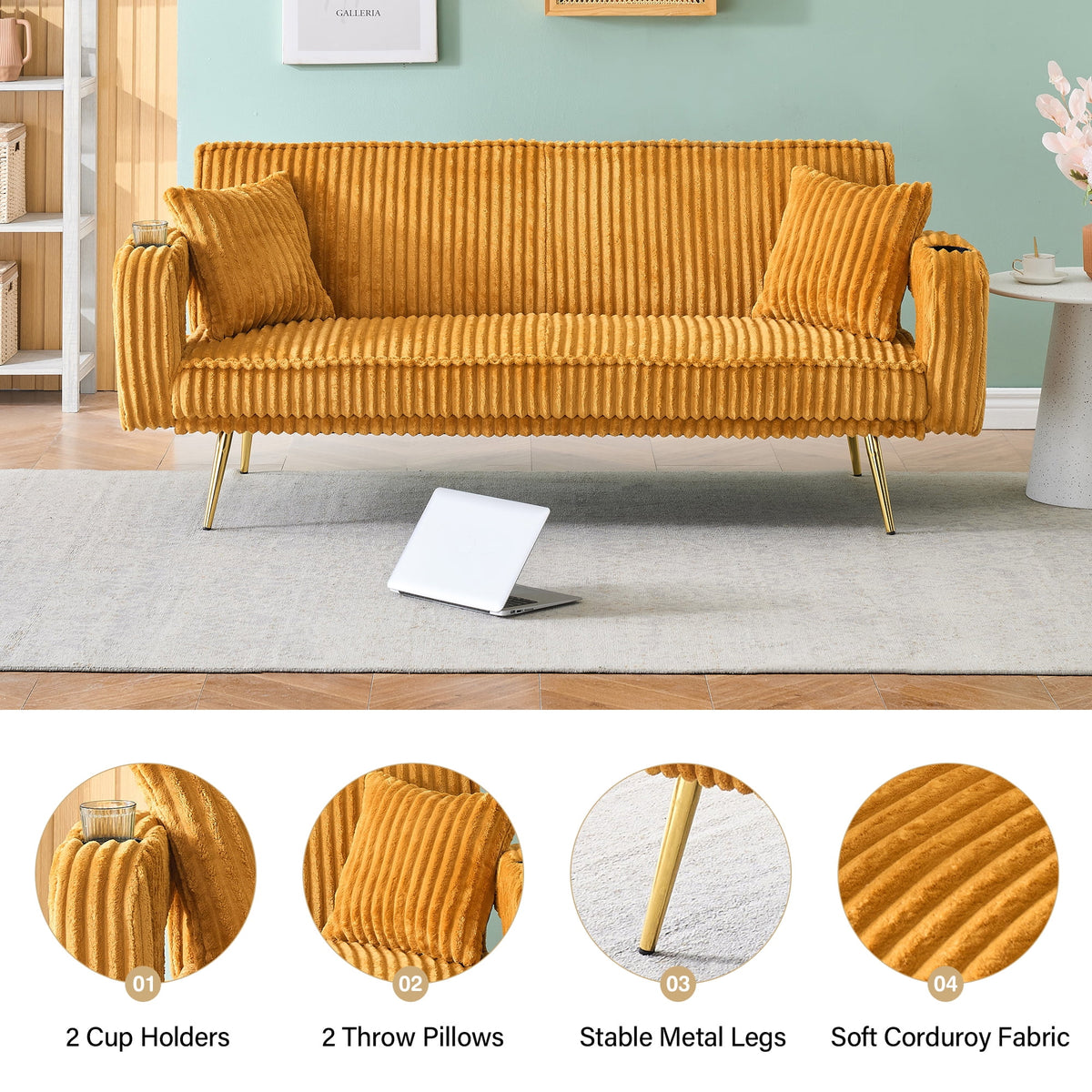 Aukfa Corduroy Futon Convertible Sofa Bed, Beige